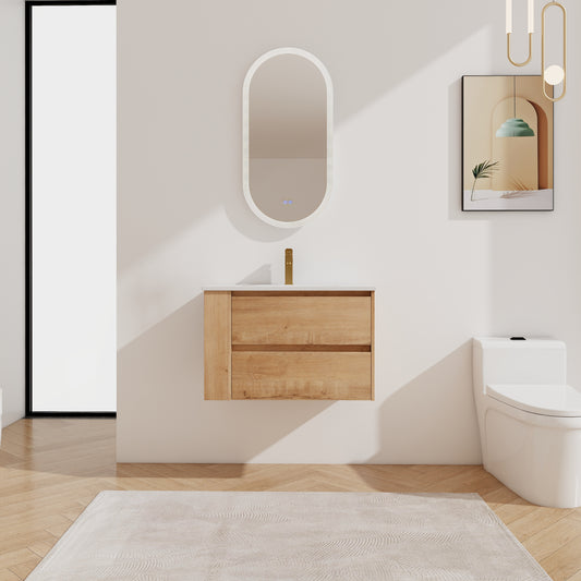 Modern oakfinish bathroom vanity with two drawers and brass faucet