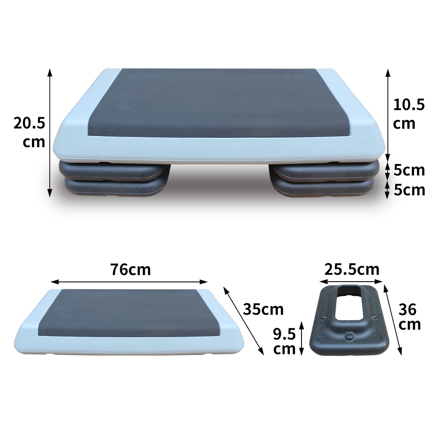 Adjustable aerobic stepper with gray textured top and blue base cm length
