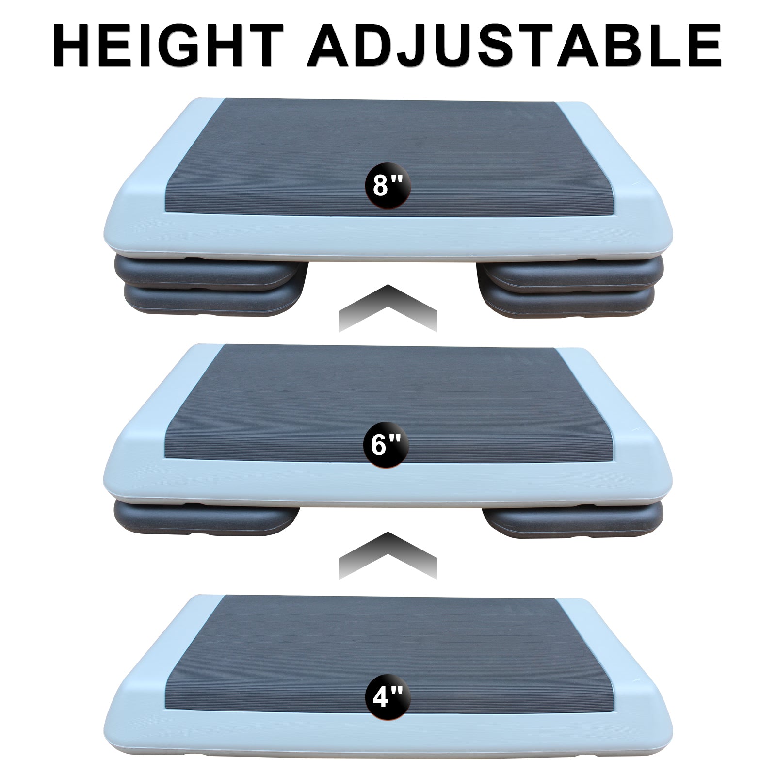 Adjustable aerobic step with risers showing   and inch heights