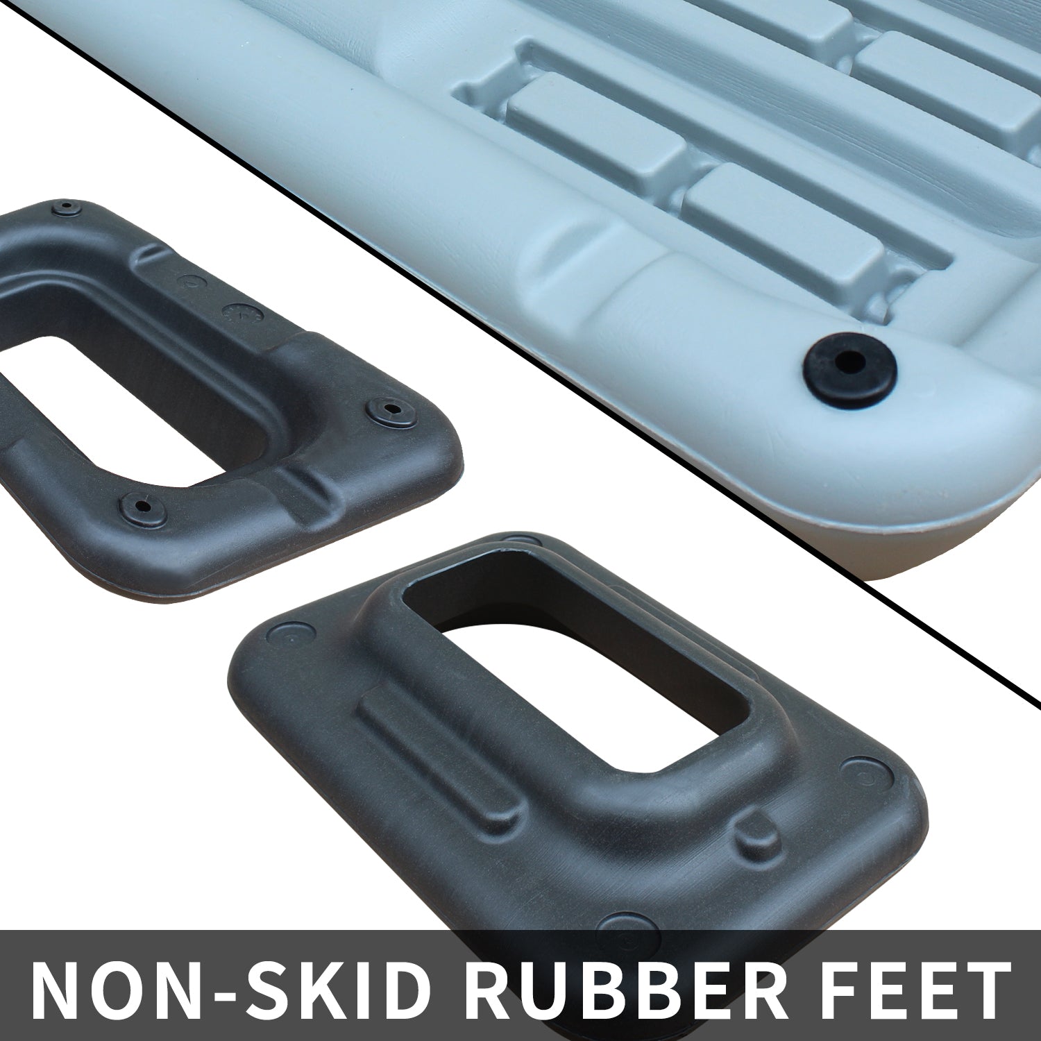 Closeup of grey aerobic step with black nonskid rubber feet attachment