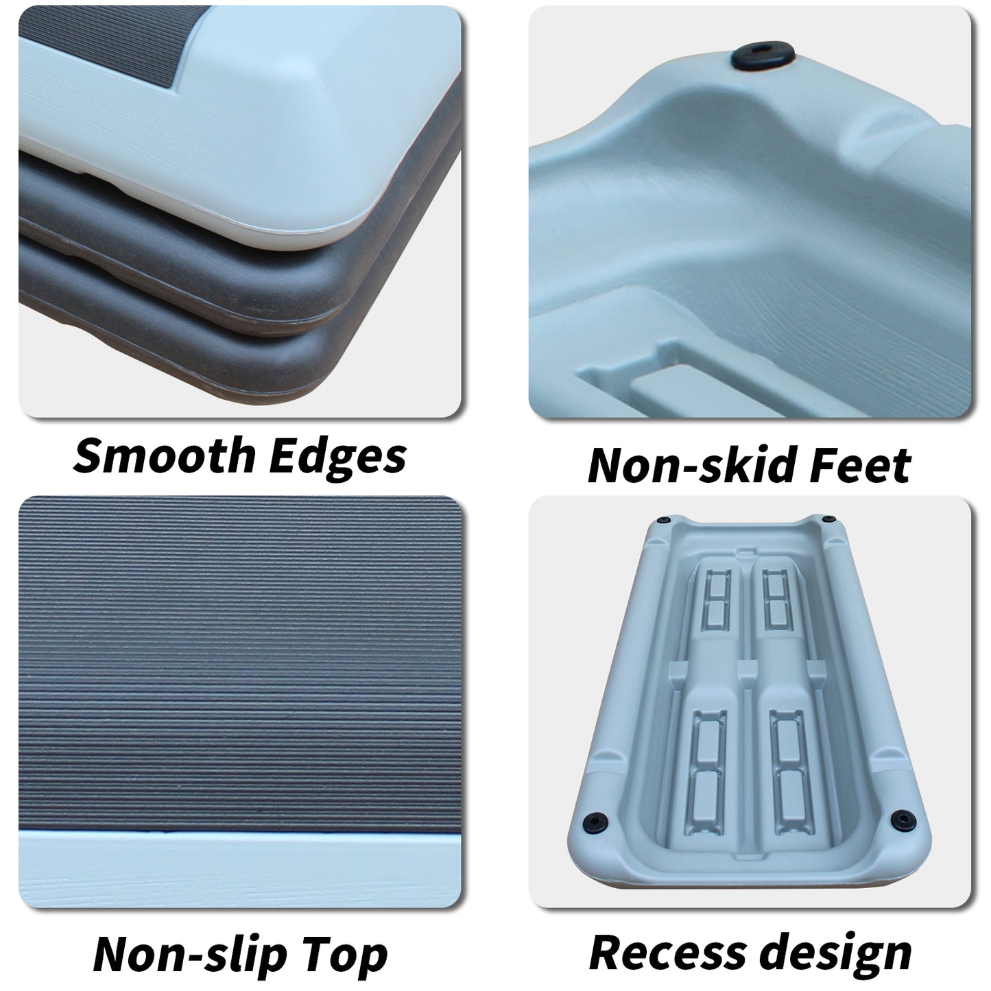 Aerobic step with smooth stacked light blue and dark gray edges and black nonslip grip