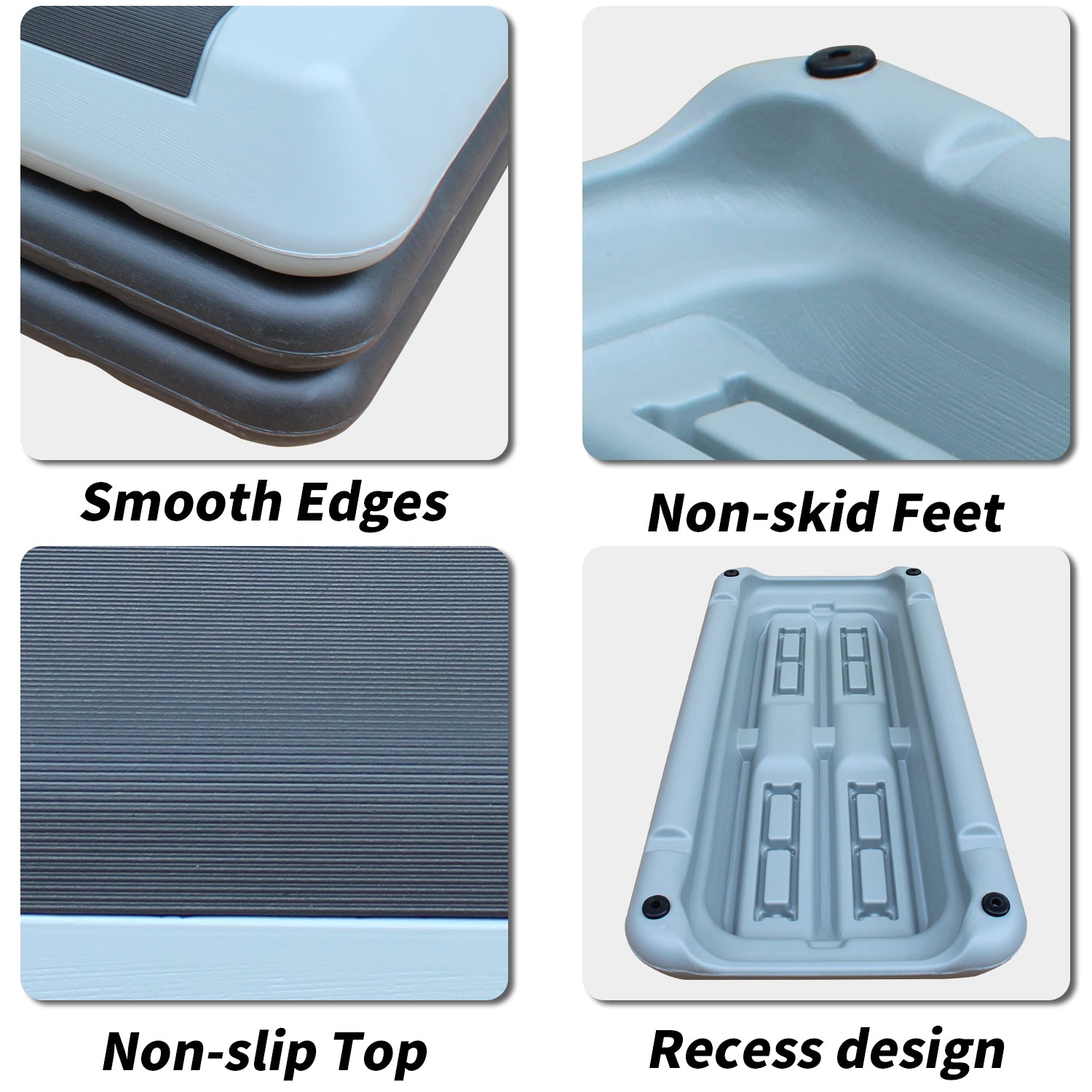 Aerobic step with smooth stacked light blue and dark gray edges and black nonslip grip