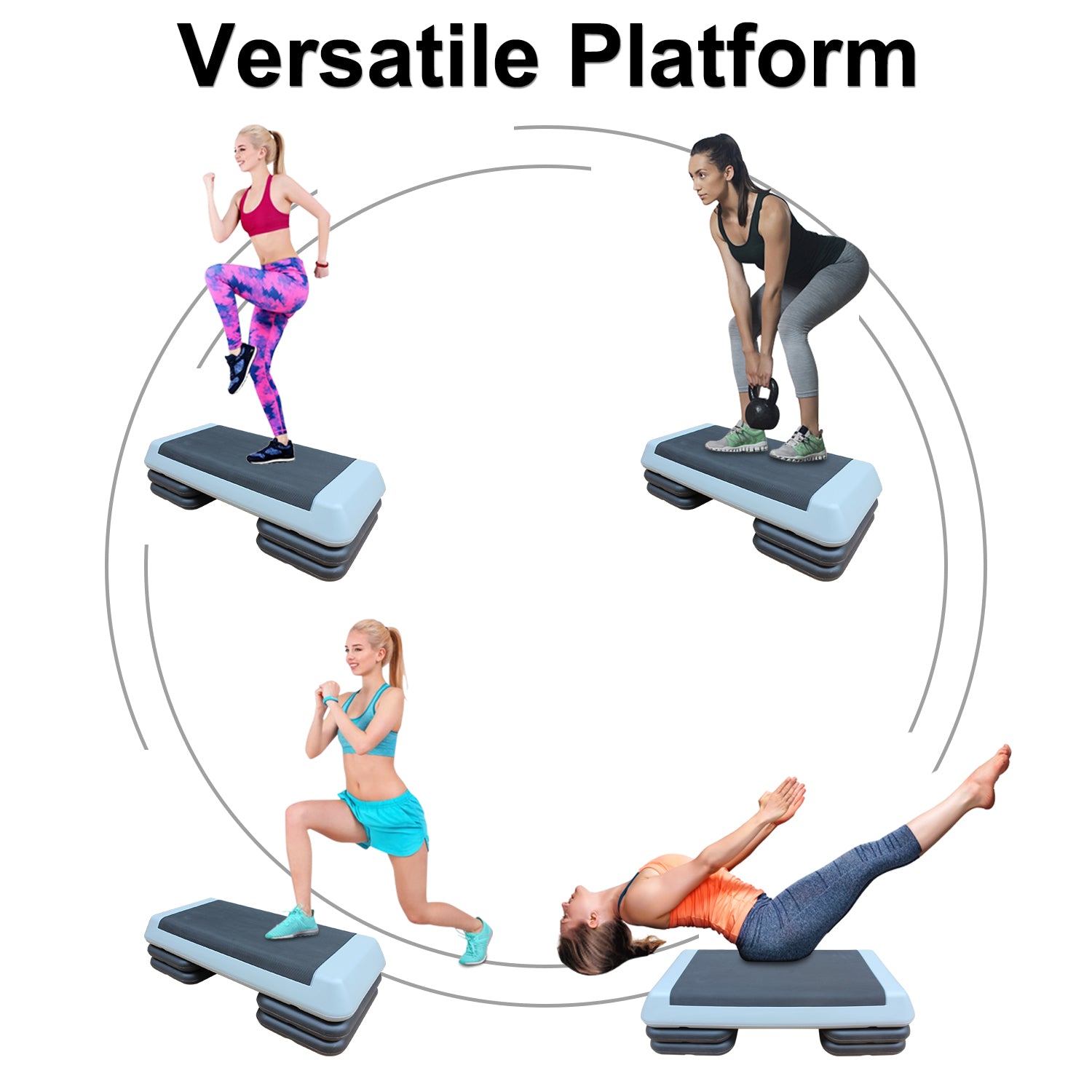 Adjustable aerobic step platform with woman performing cardio
