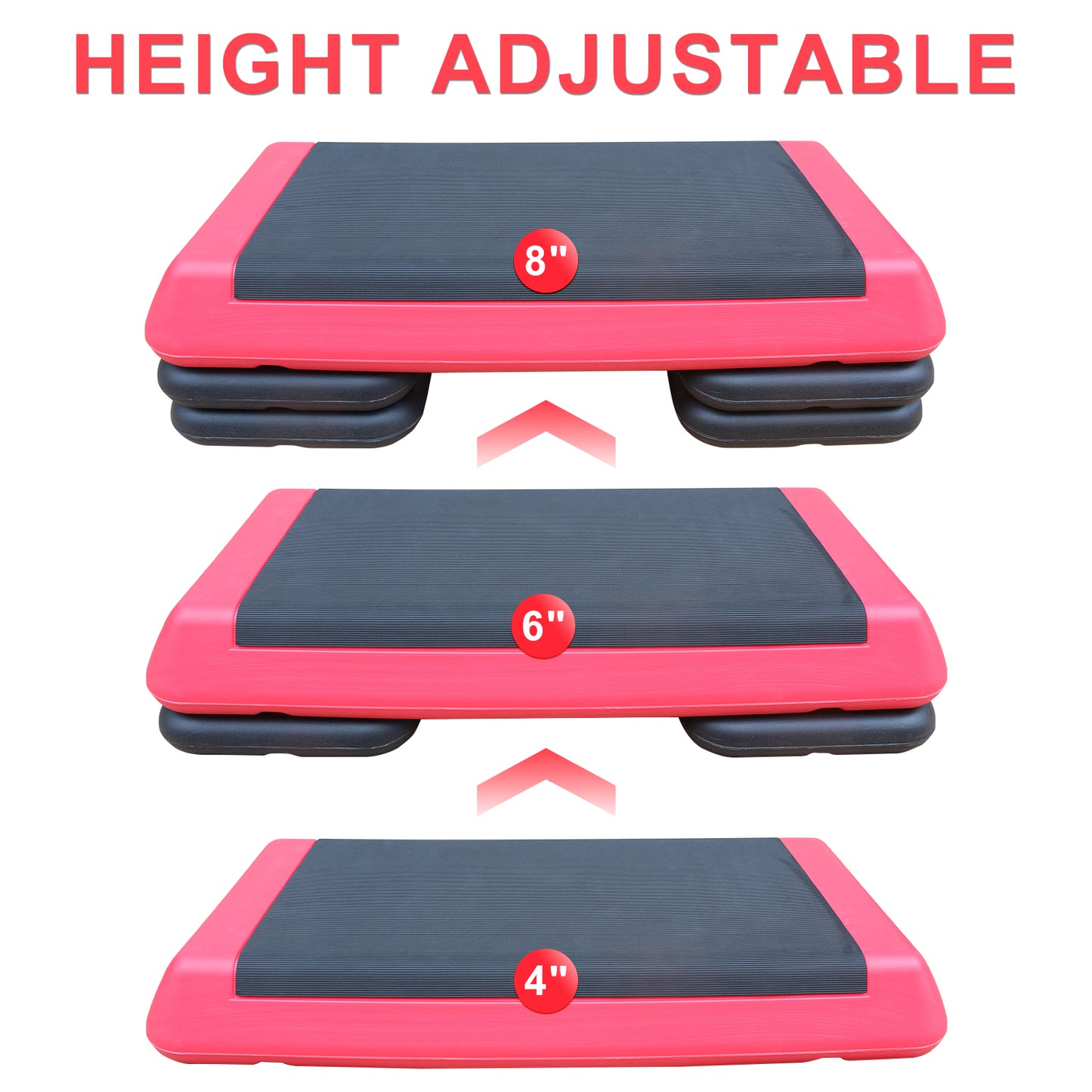 Pink adjustable aerobic stepper with black nonslip surface at  inches height