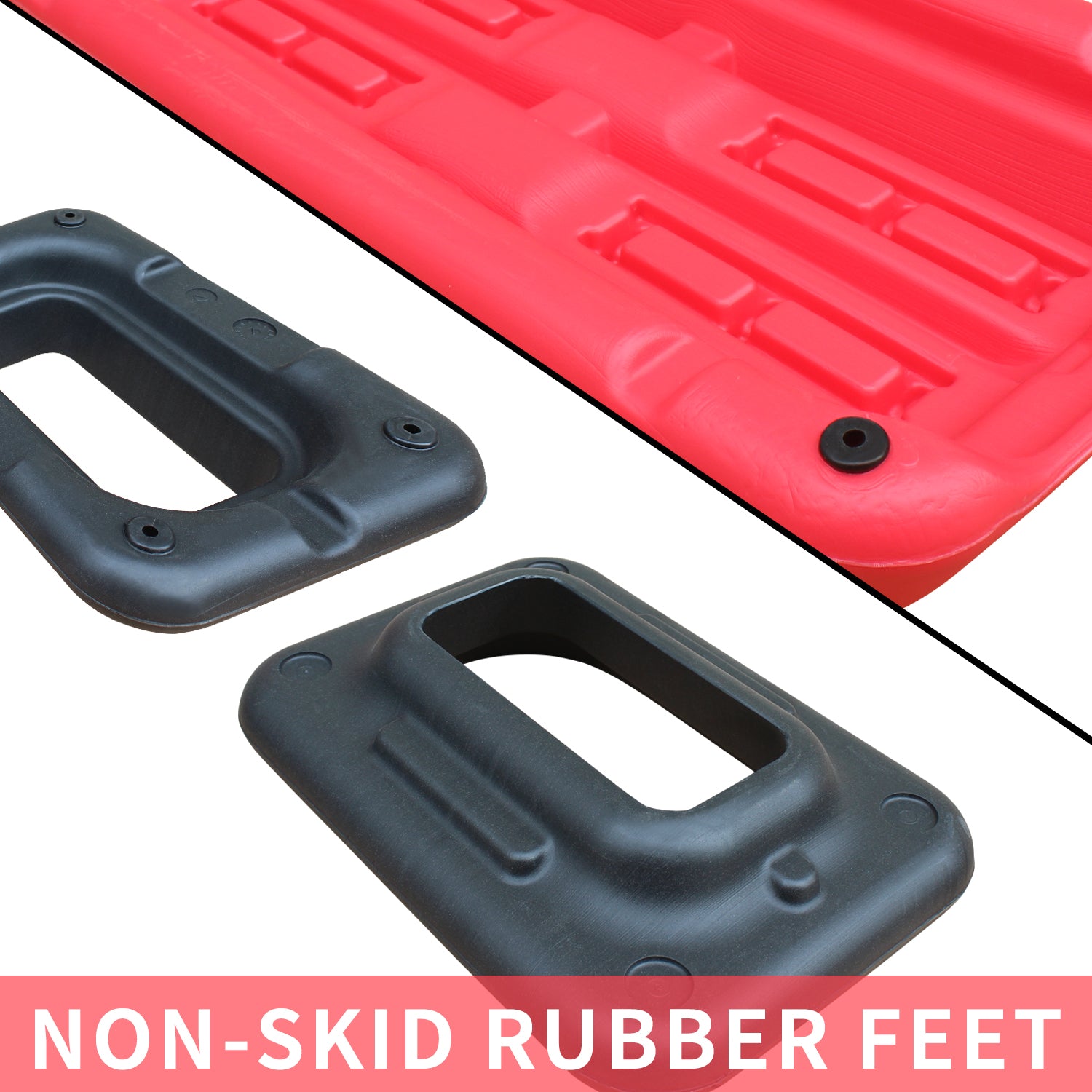 Red plastic sled with black nonslip rubber feet attachments for traction