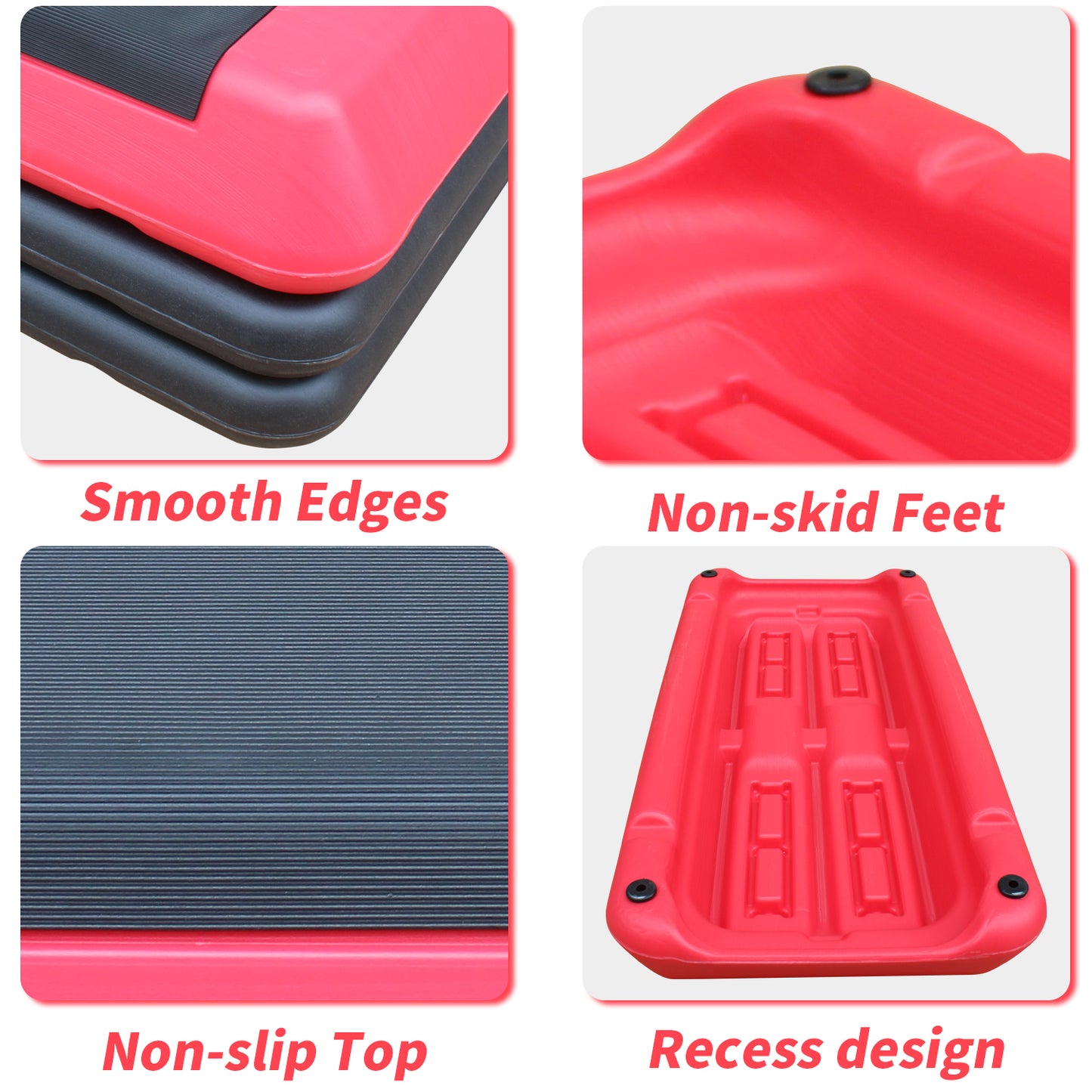Red aerobic step with black nonslip top and smooth edges ideal for home workouts
