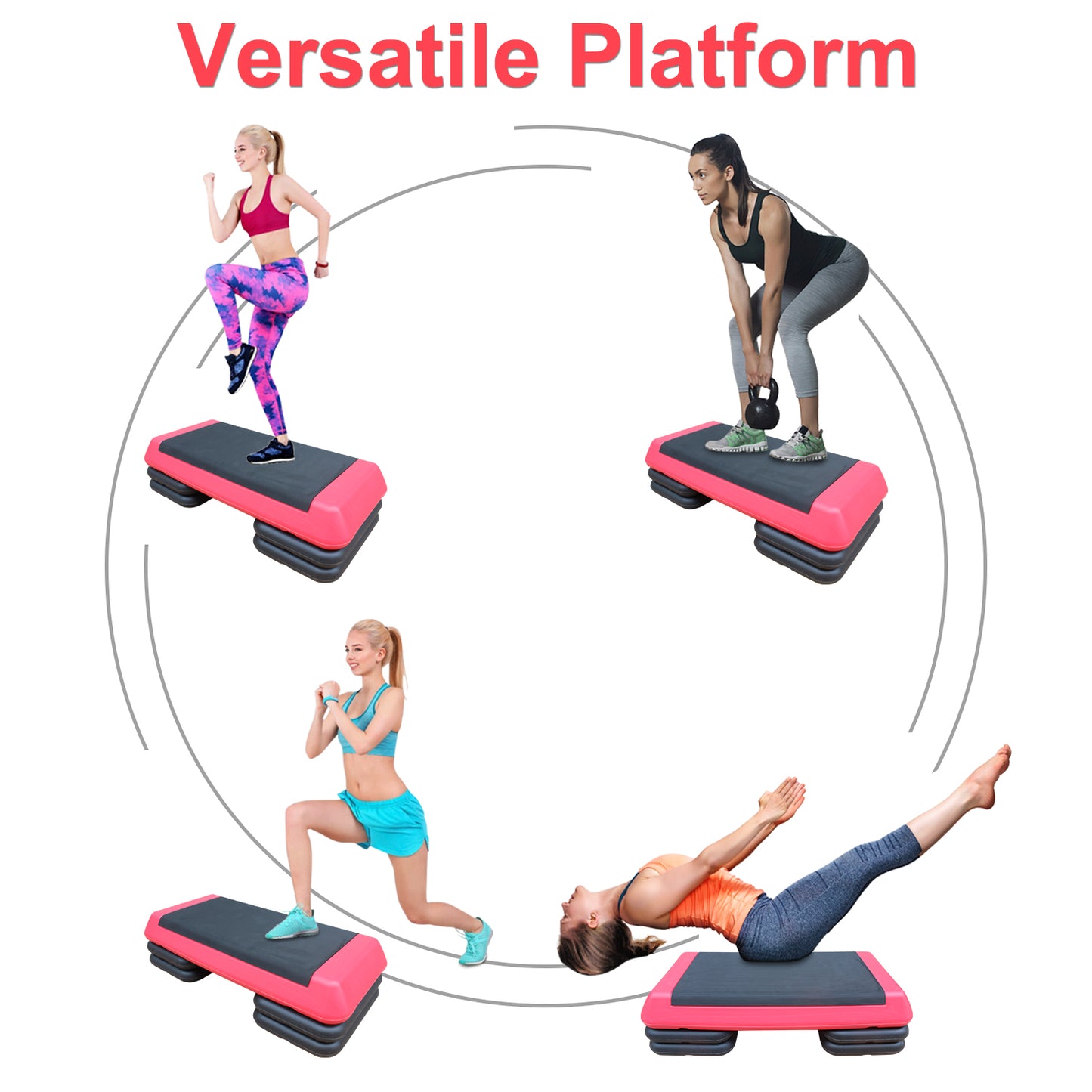 Pink aerobic step platform with adjustable risers for cardio workouts