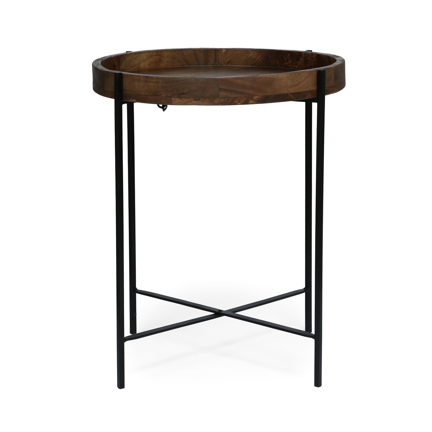 Round wooden tray table with black metal base perfect for living room decor