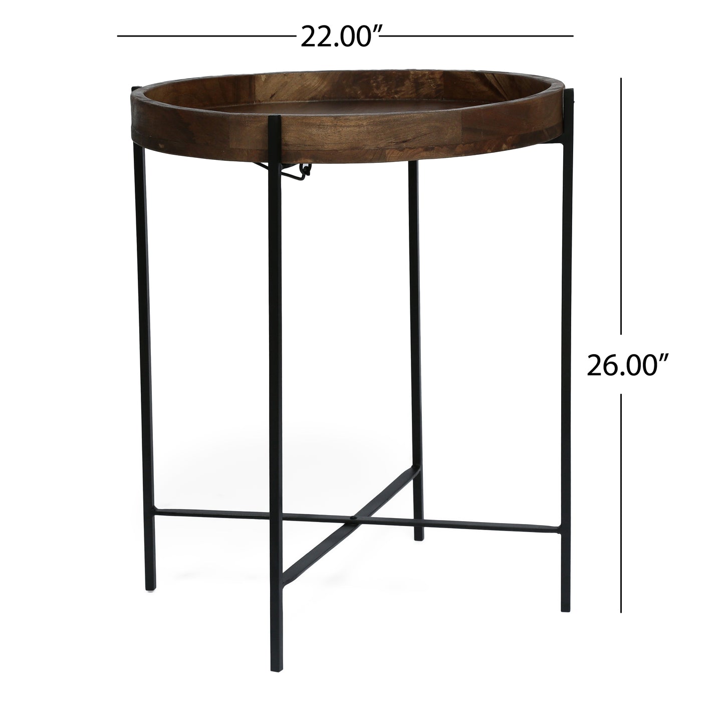 Round wooden tray table with black metal legs and cross brace