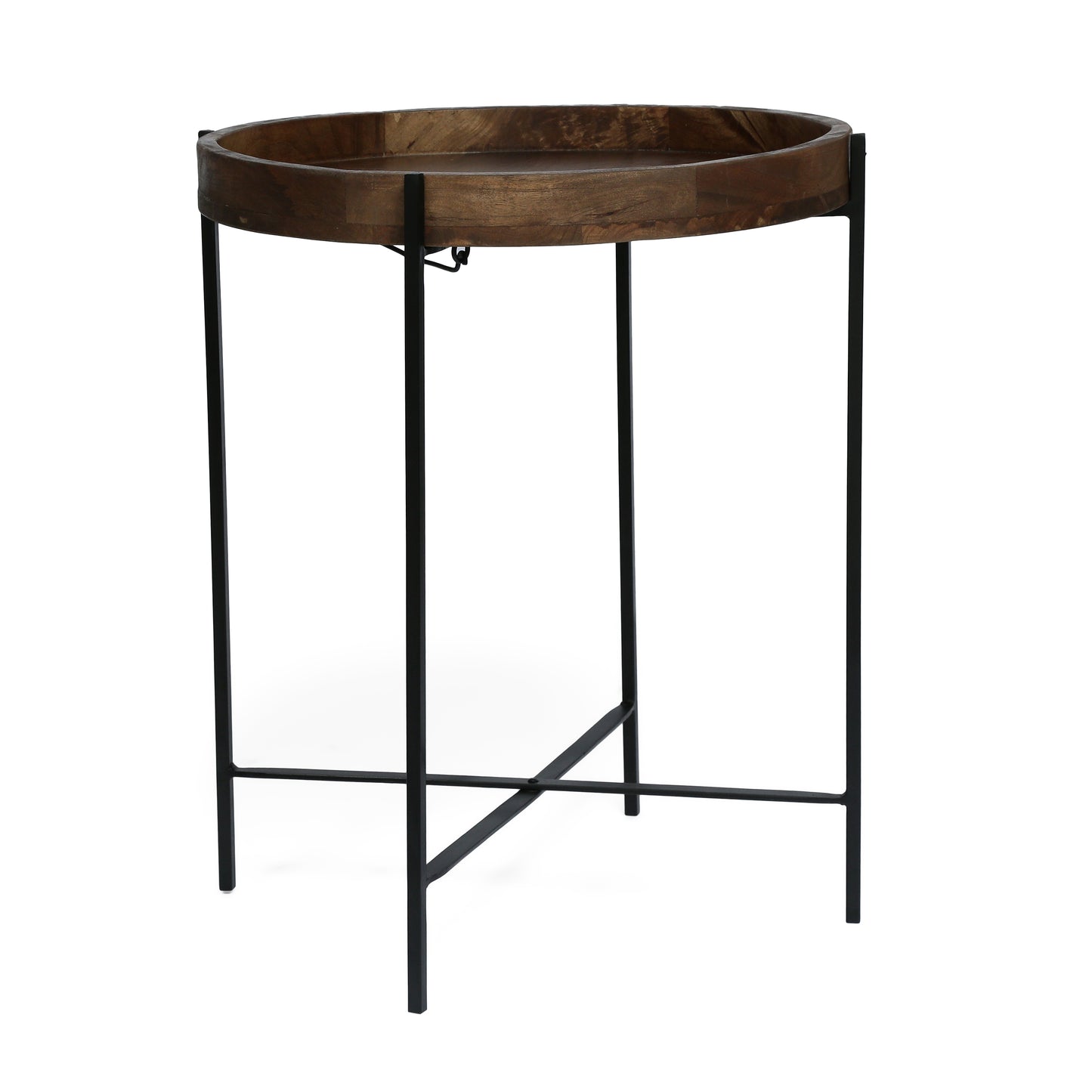 Round rustic wood tray table with black metal base