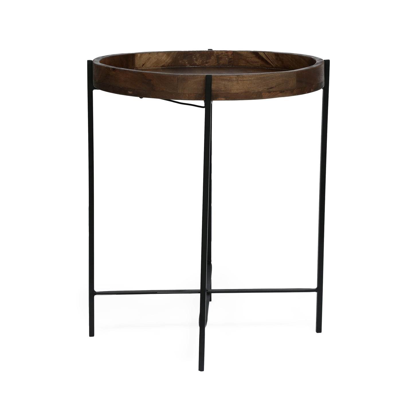 Round mango wood side table with black metal frame and crossed legs