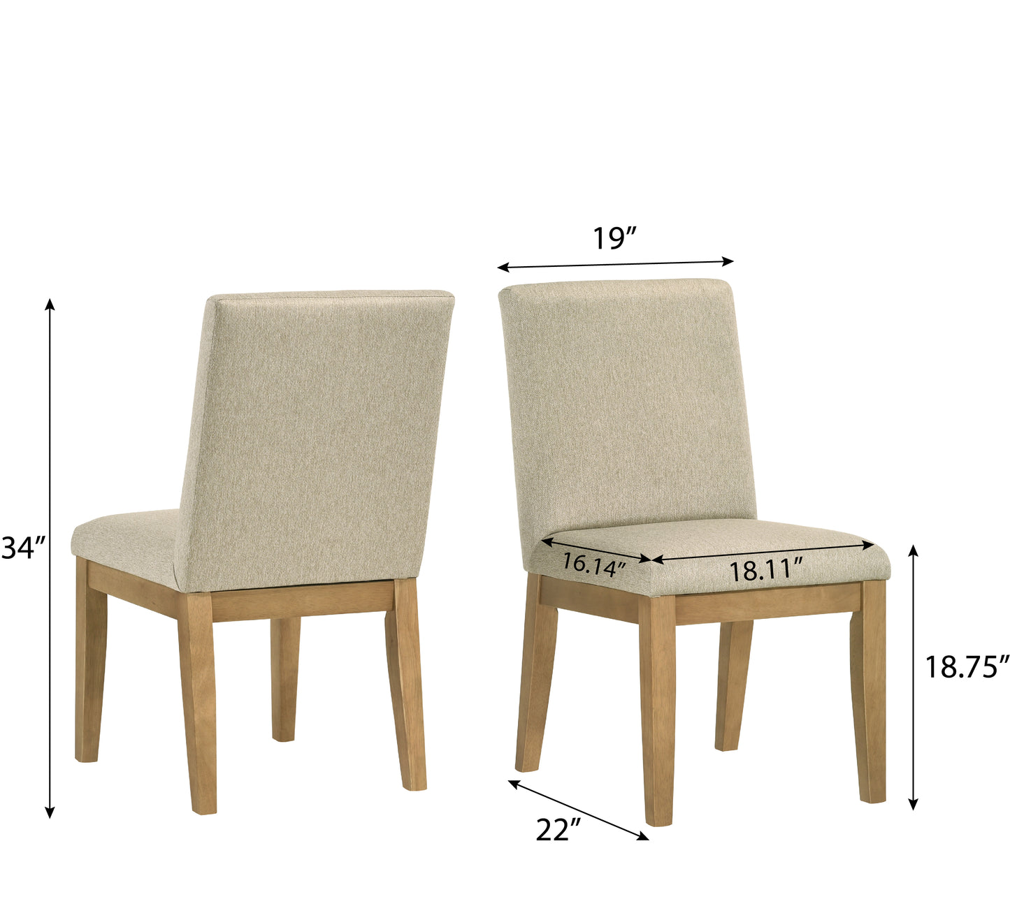 Upholstered dining chair in light beige fabric with natural wood legs  inches high