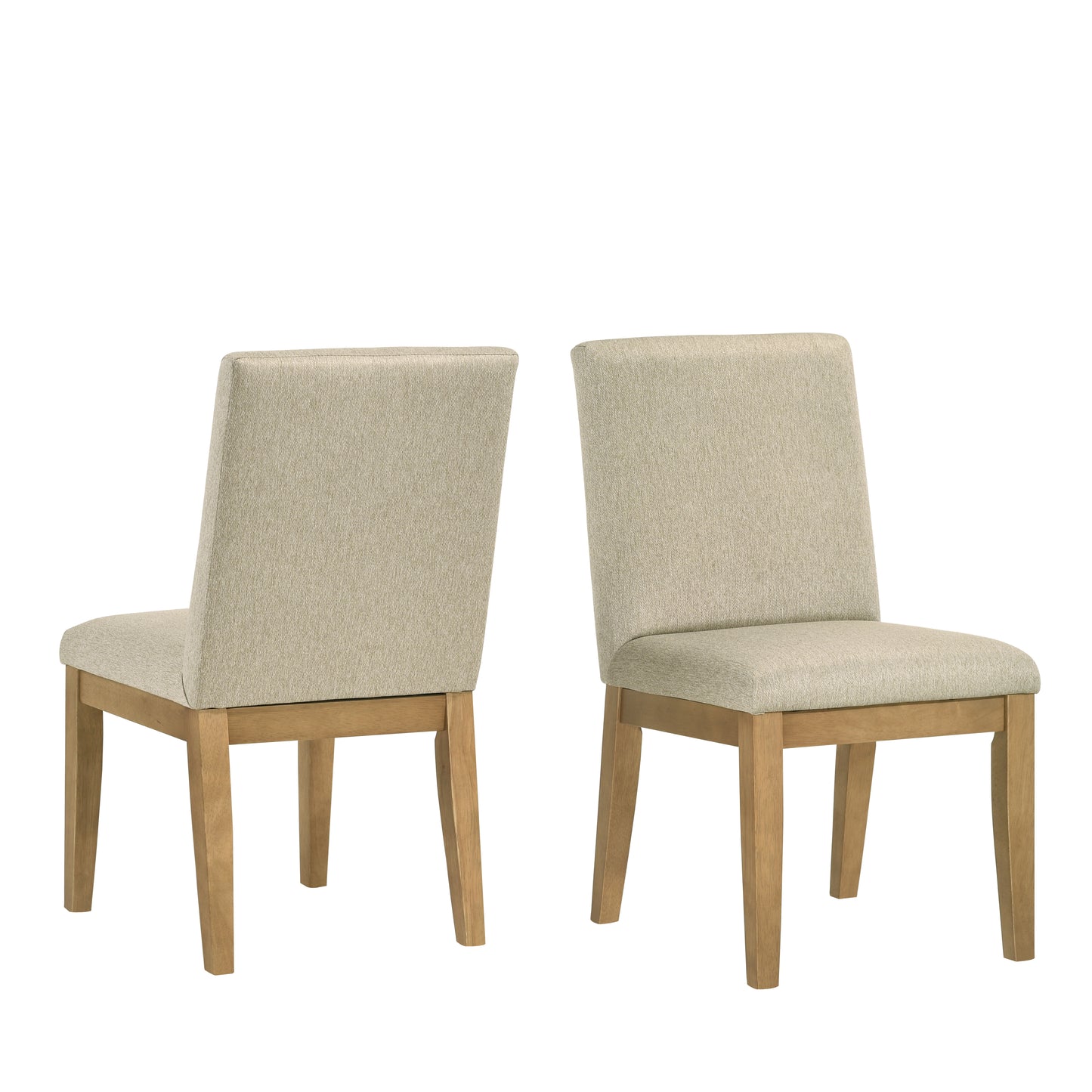 Two upholstered beige dining chairs with natural wood legs against a white background