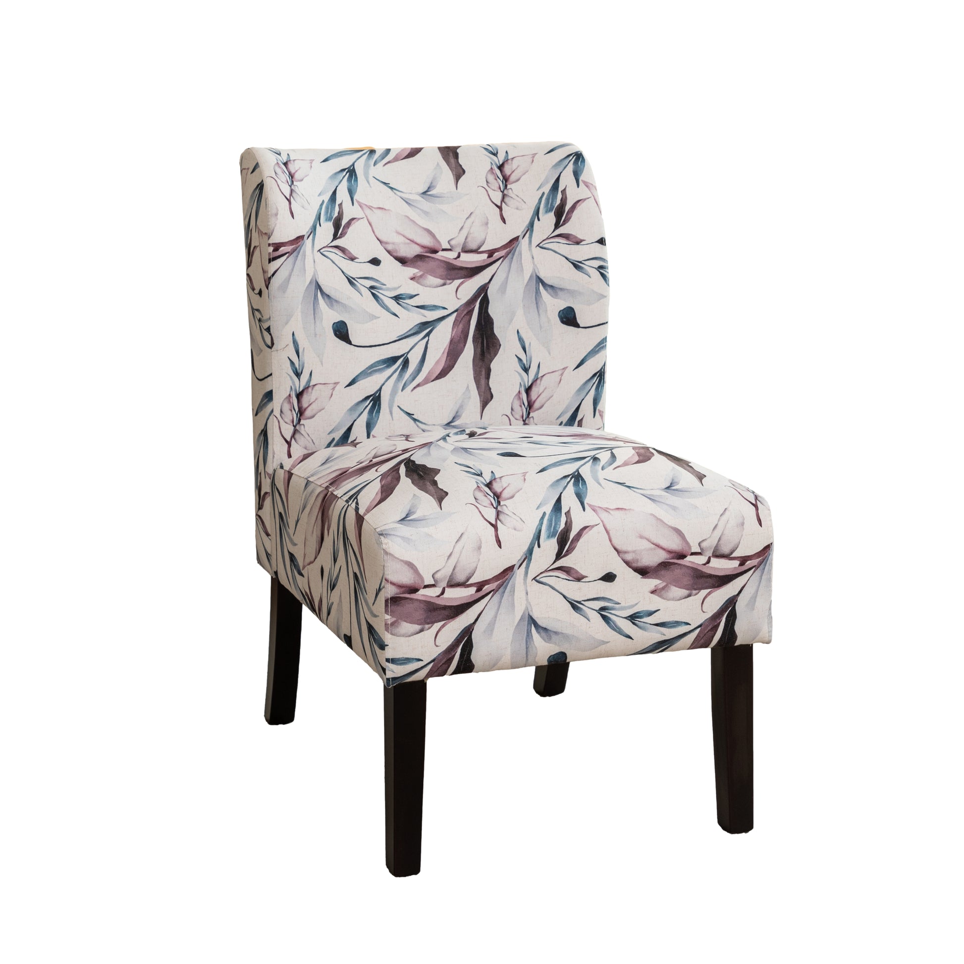 Accent chair with botanical print fabric in muted purple and blue tones