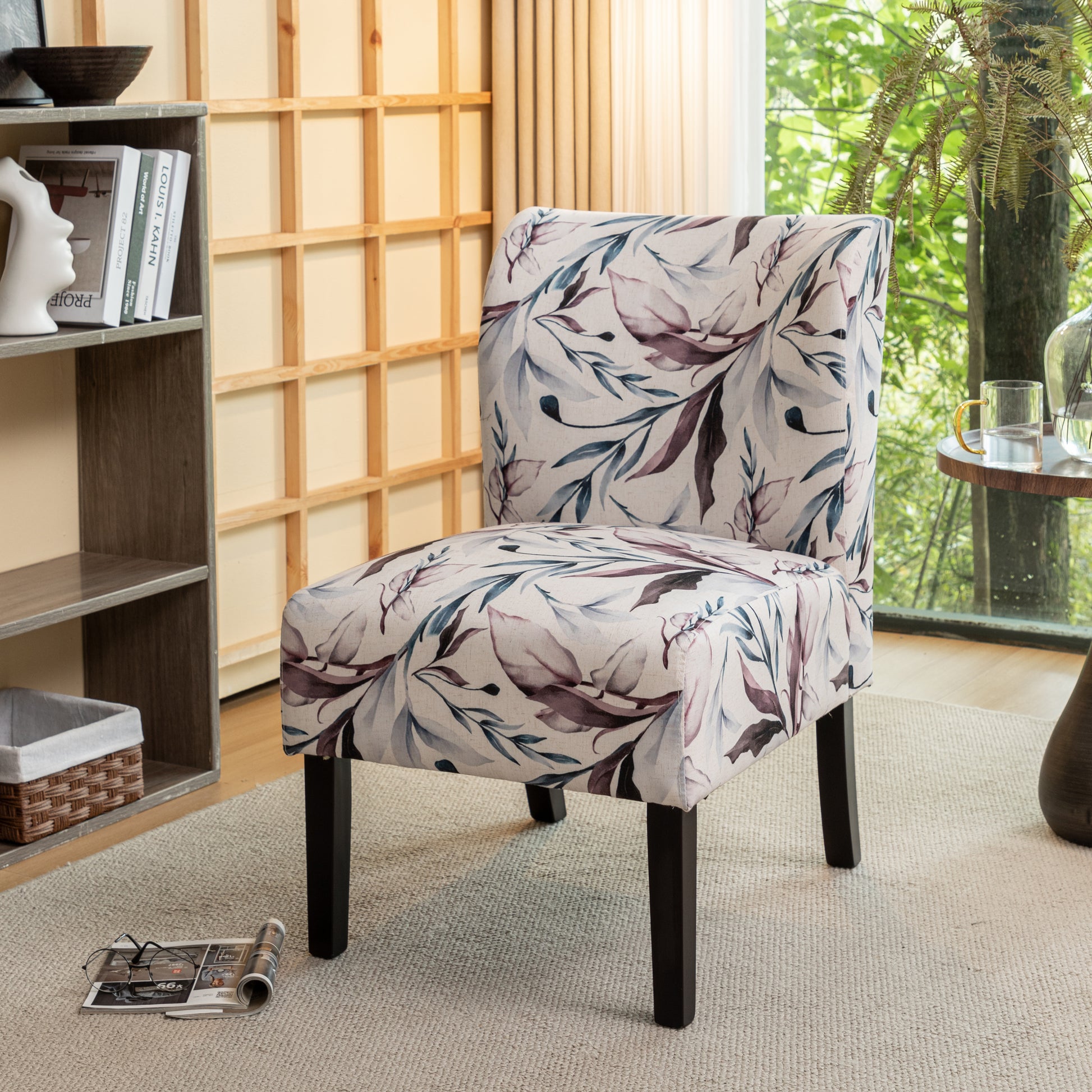 Floral accent chair with watercolor botanical print and dark wooden legs