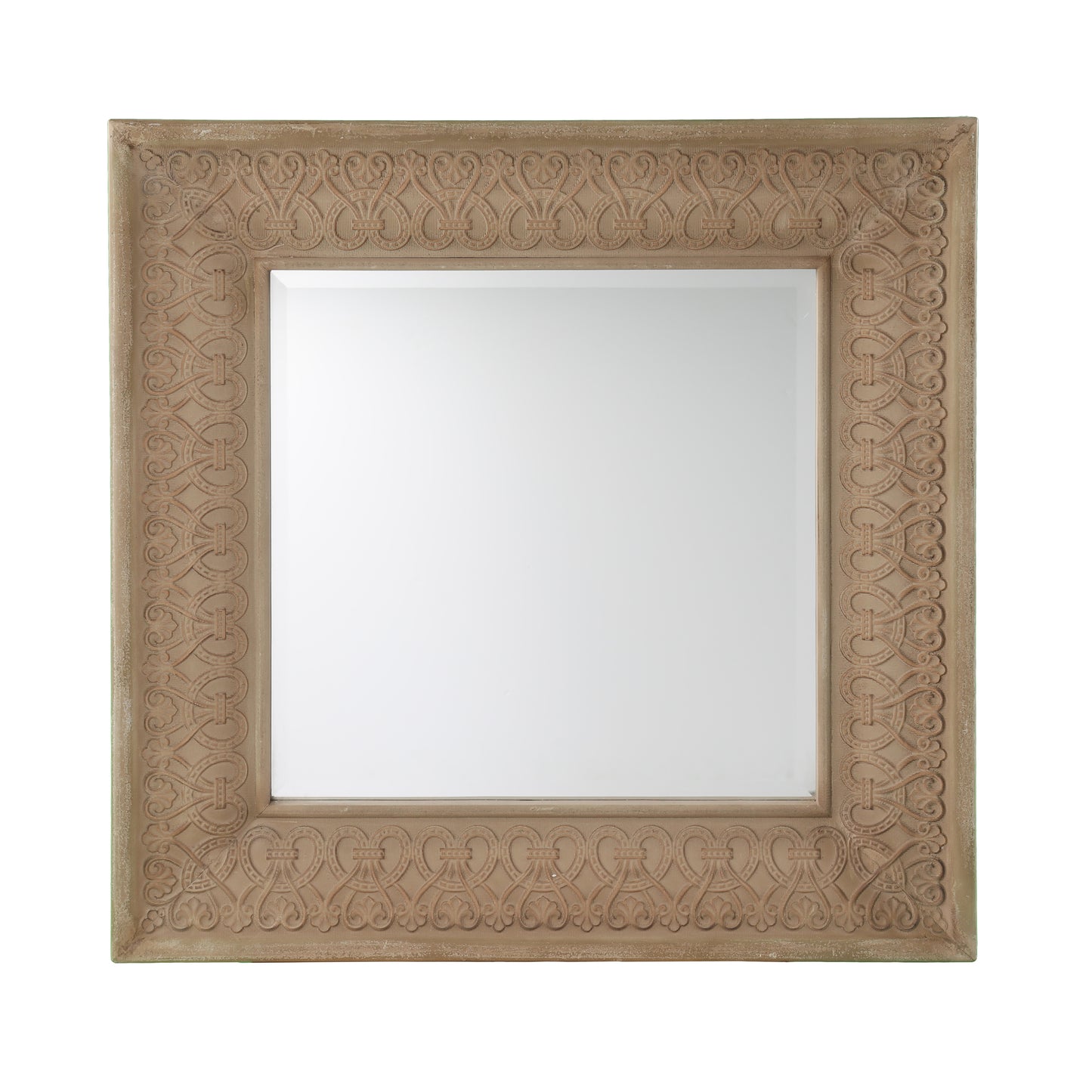Ornate carved wood framed mirror with a distressed taupe finish and intricate scrollwork border