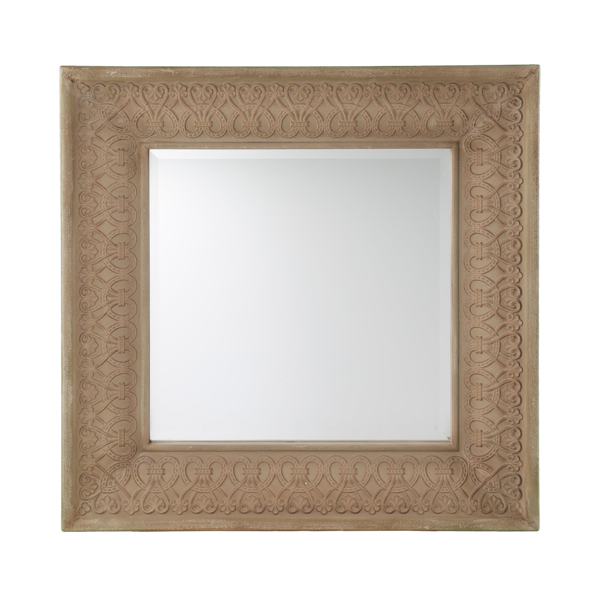 Ornate carved wood framed mirror with a distressed taupe finish and intricate scrollwork border