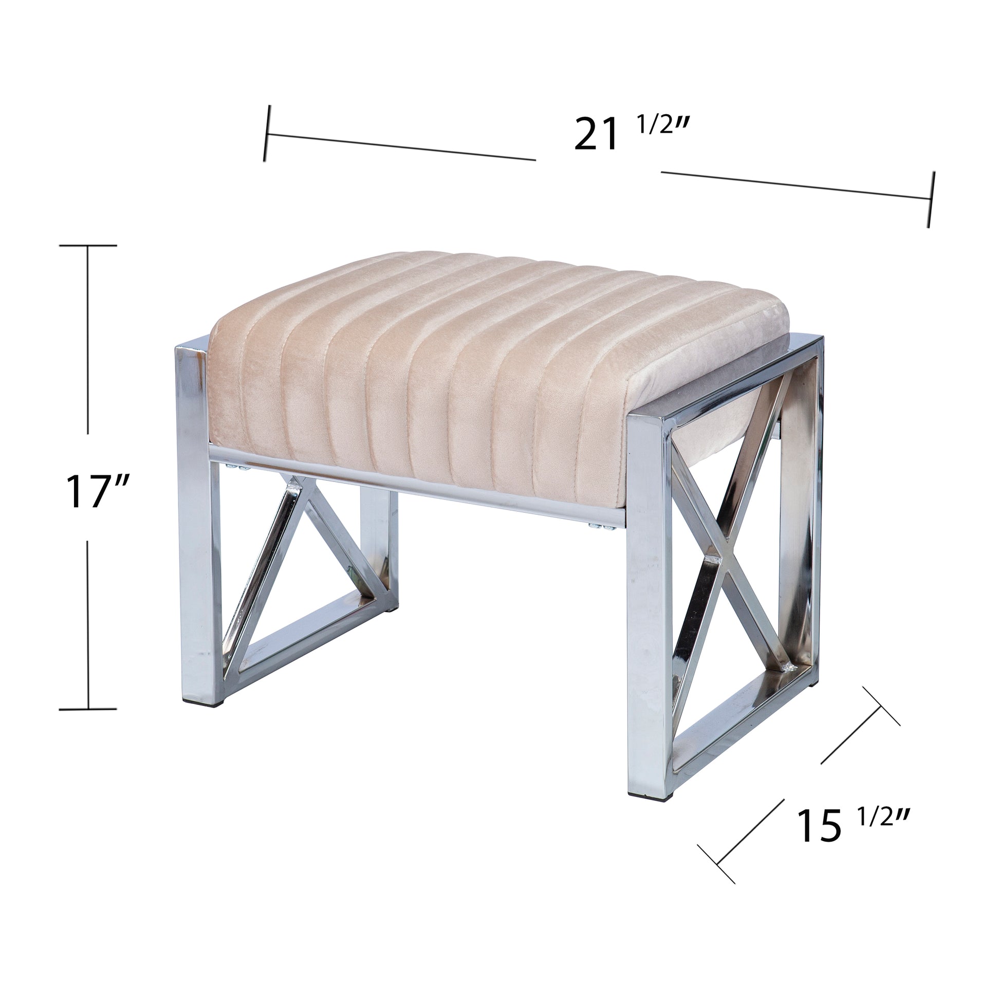 Champagne velvet ottoman with plush channel tufting and polished chrome Xframe base