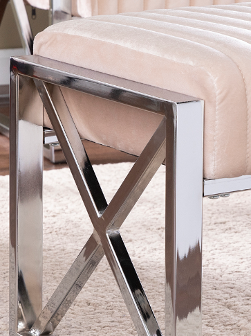 Glamorous champagne velvet bench with polished chrome Xframe base