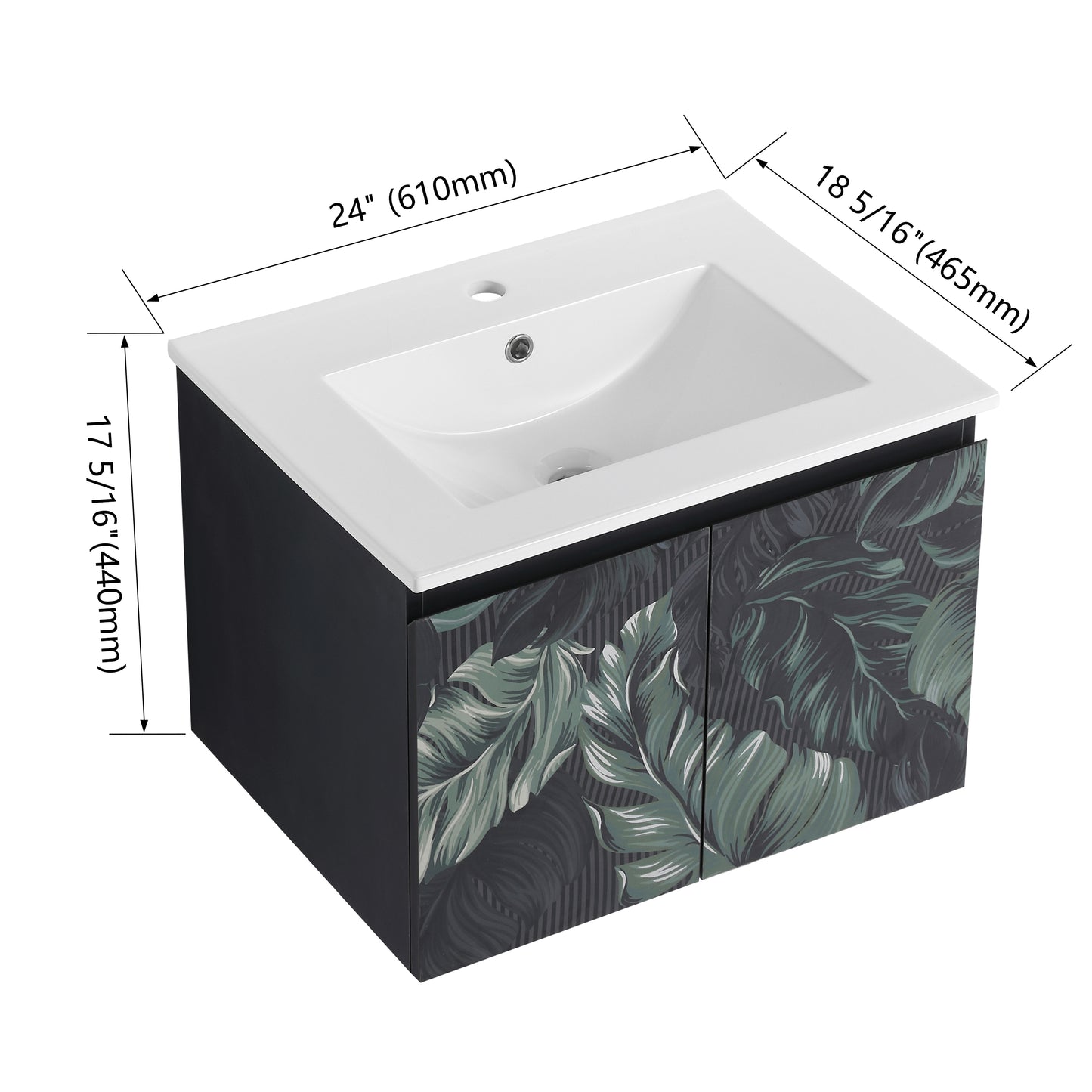 inch modern wallmounted vanity with white ceramic sink and tropical leaf design cabinets