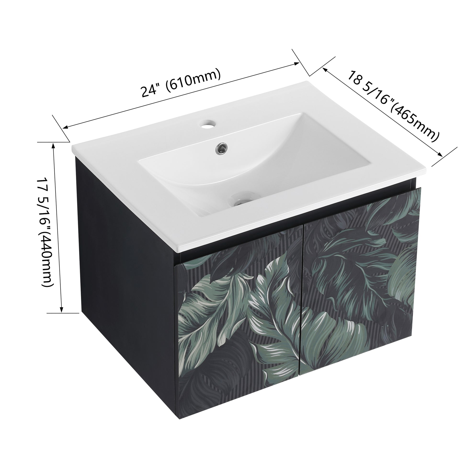 inch modern wallmounted vanity with white ceramic sink and tropical leaf design cabinets