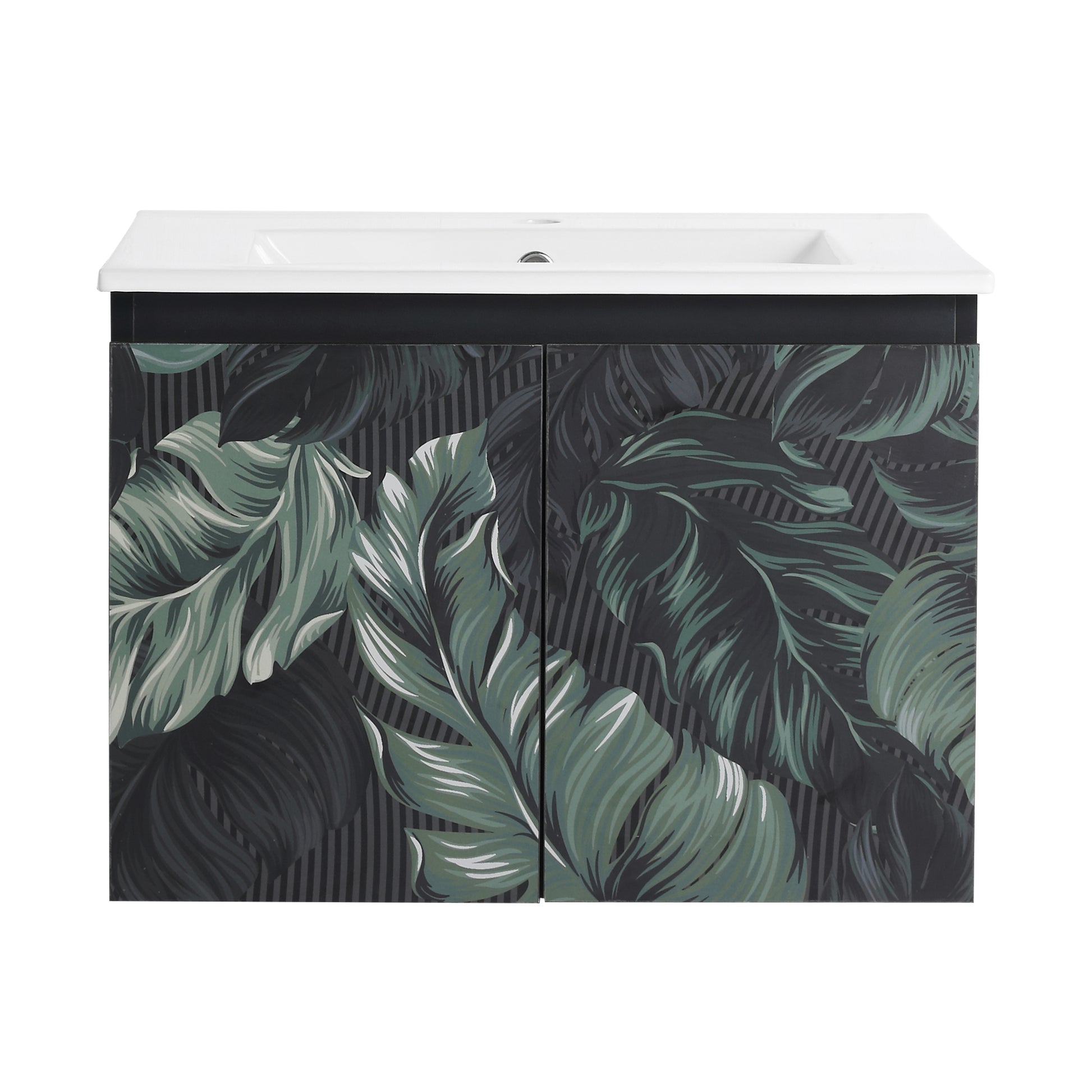 Modern bathroom vanity with botanical leaf print and black striped doors white sink top