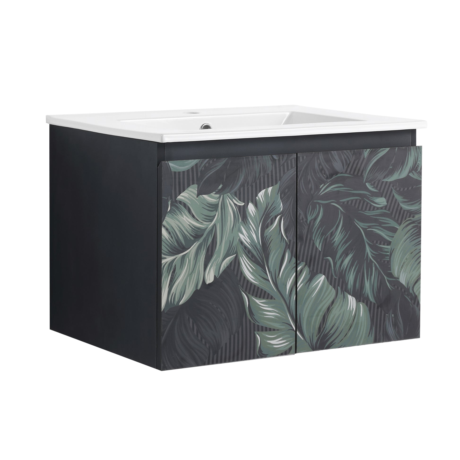 Dark grey bathroom vanity with tropical leaf motif doors and white integrated sink