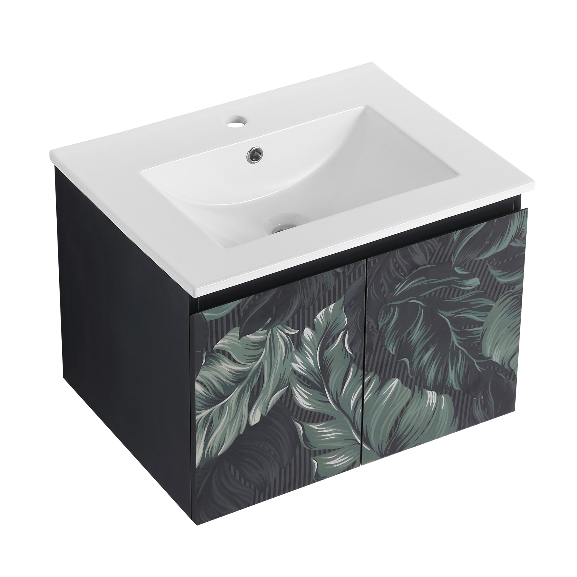 Modern wallmounted bathroom vanity with a white ceramic sink and dark cabinet featuring a bold leaf print