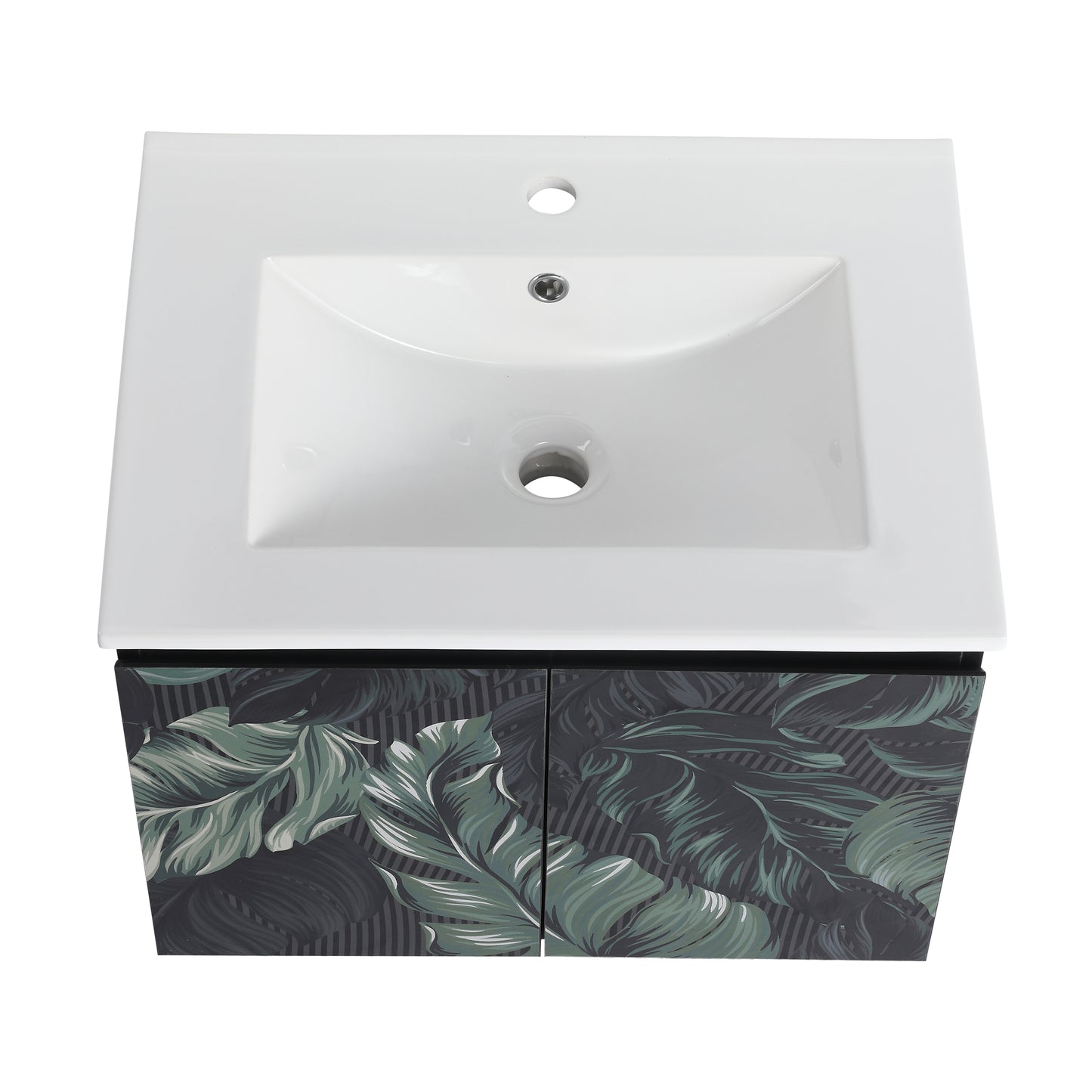 White ceramic sink with a dark botanical print vanity cabinet modern bathroom furniture
