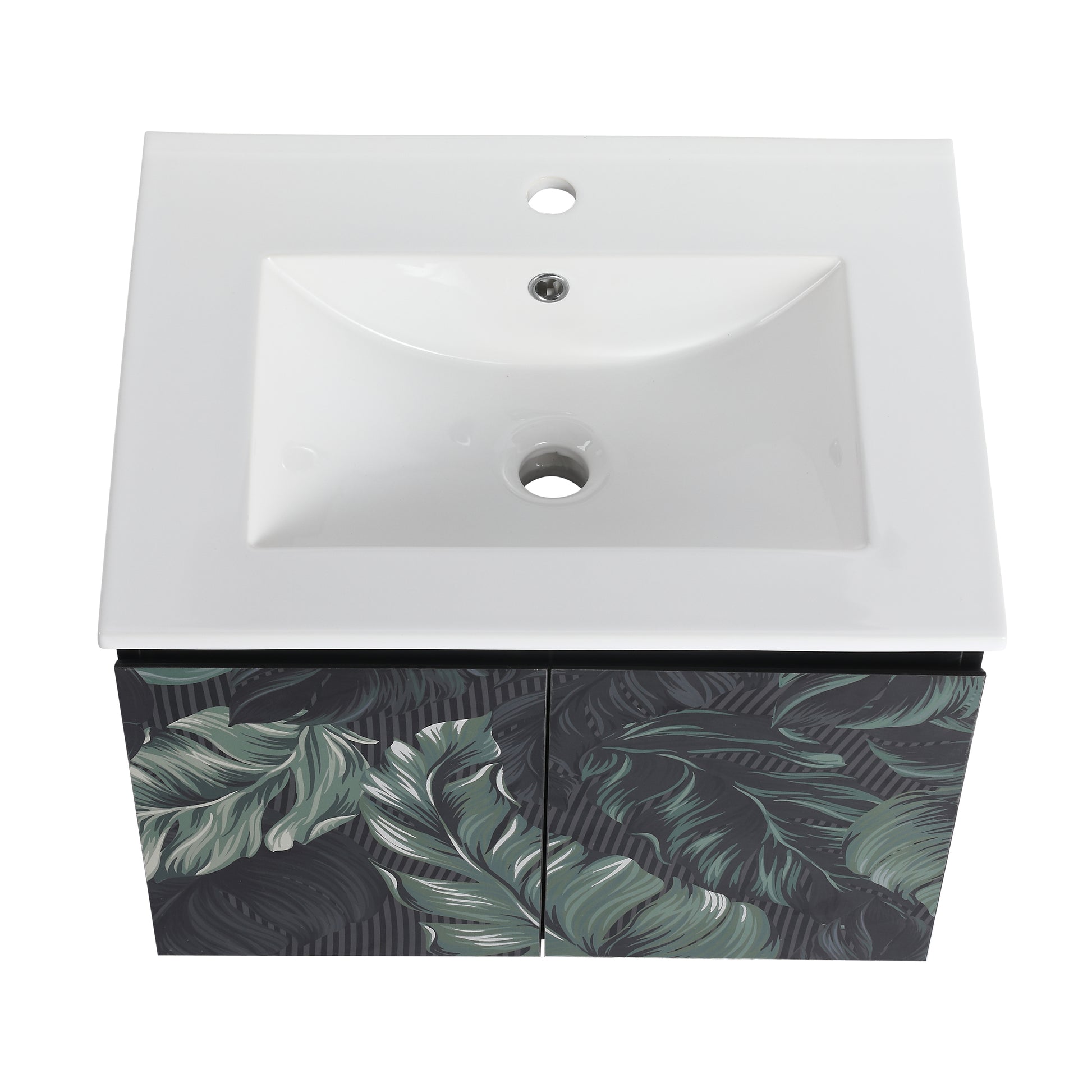 White ceramic sink with a dark botanical print vanity cabinet modern bathroom furniture