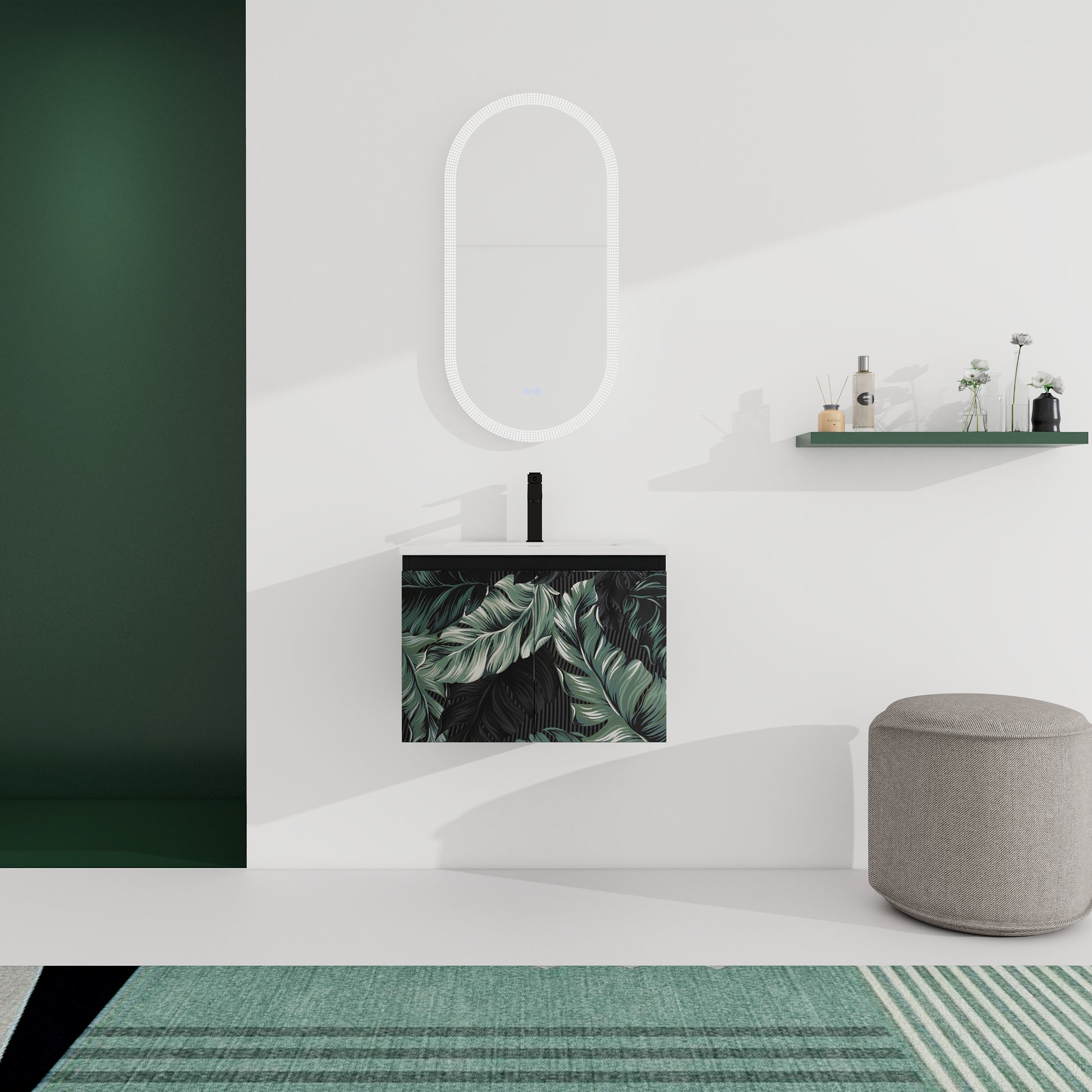 Modern leafprint vanity cabinet with black hardware ideal for a bold bathroom statement