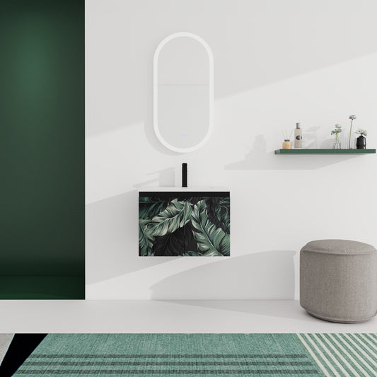 Modern leafprint vanity cabinet with black hardware ideal for a bold bathroom statement