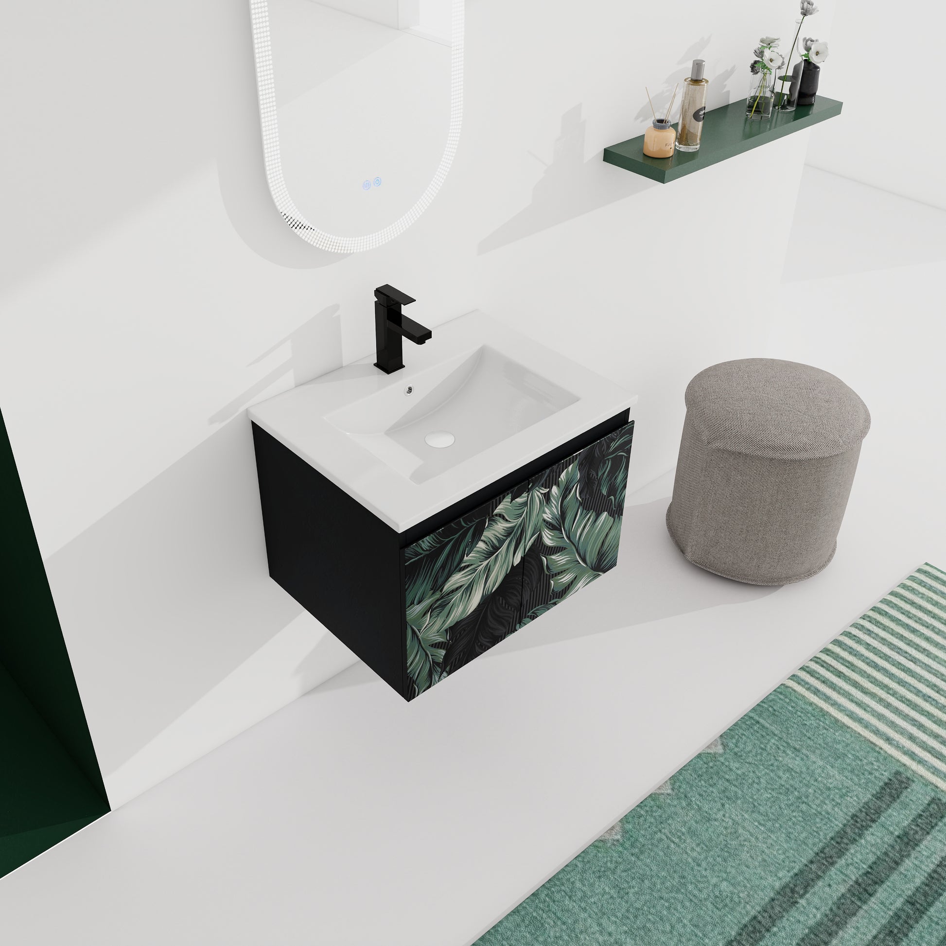 Modern black vanity with tropical leaf design white ceramic sink and black faucet