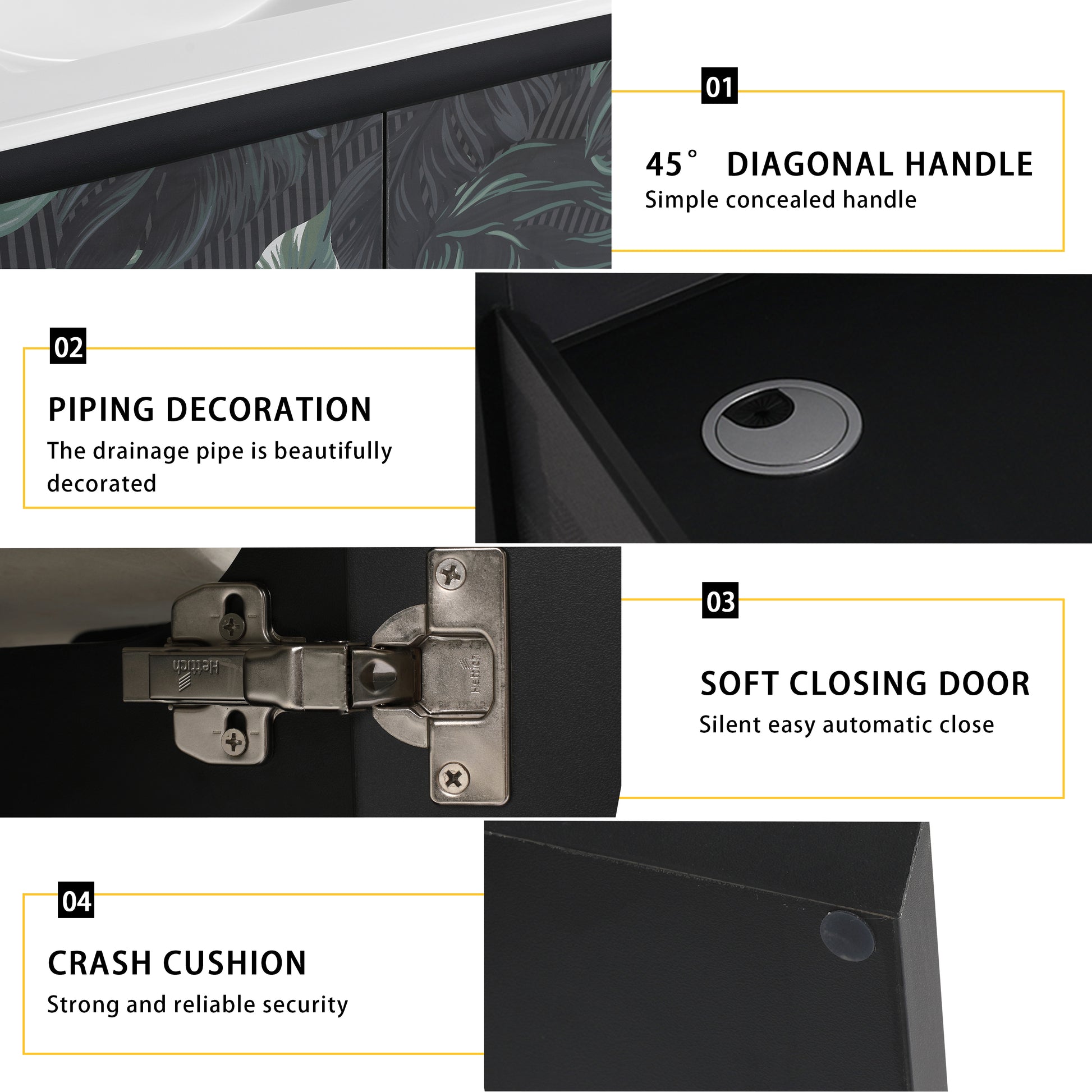 Closeup of a black cabinet with a  diagonal handle featuring concealed design