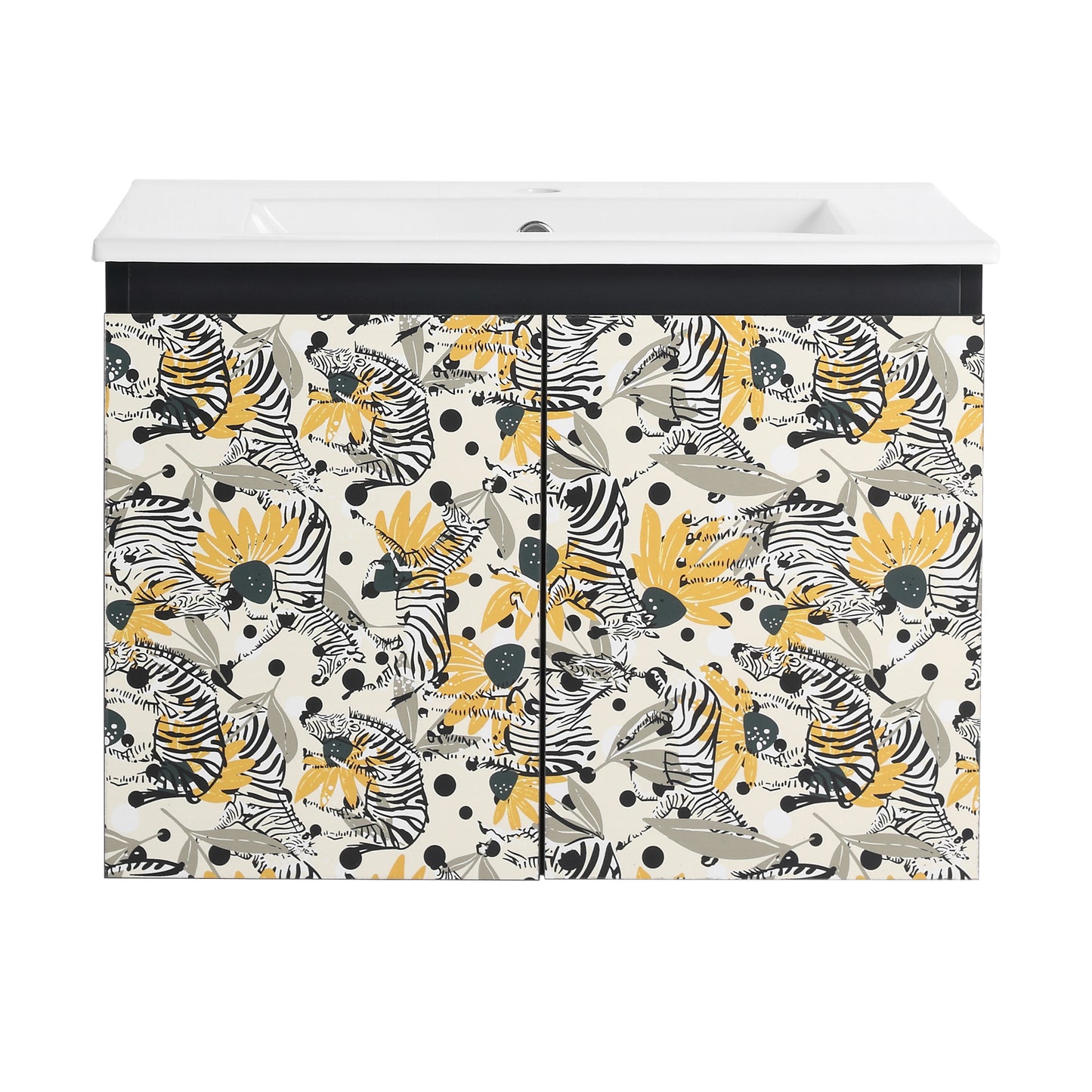 White ceramic bathroom vanity with bold zebra and floral print cabinet doors