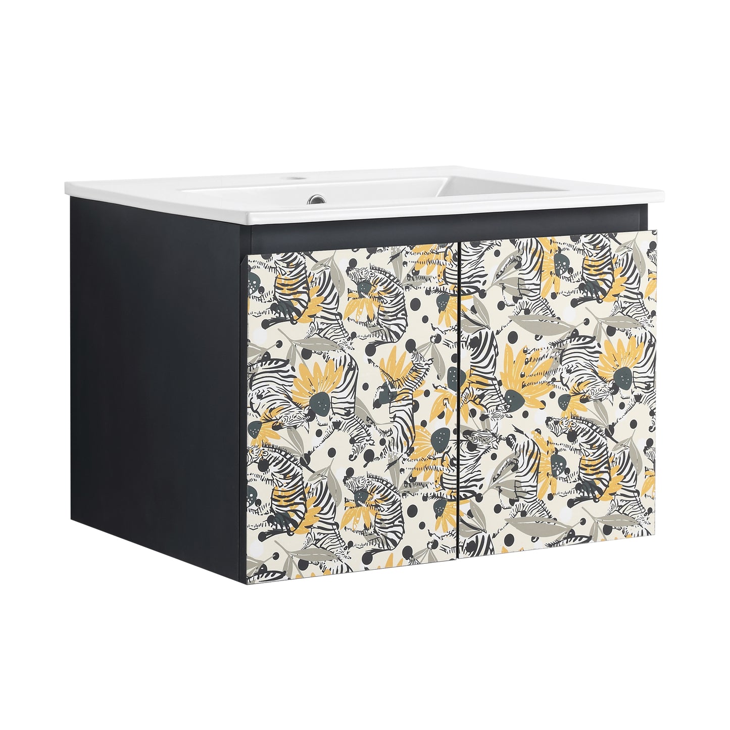 Modern dark grey vanity with a white ceramic sink and doors featuring a playful zebra and floral pattern