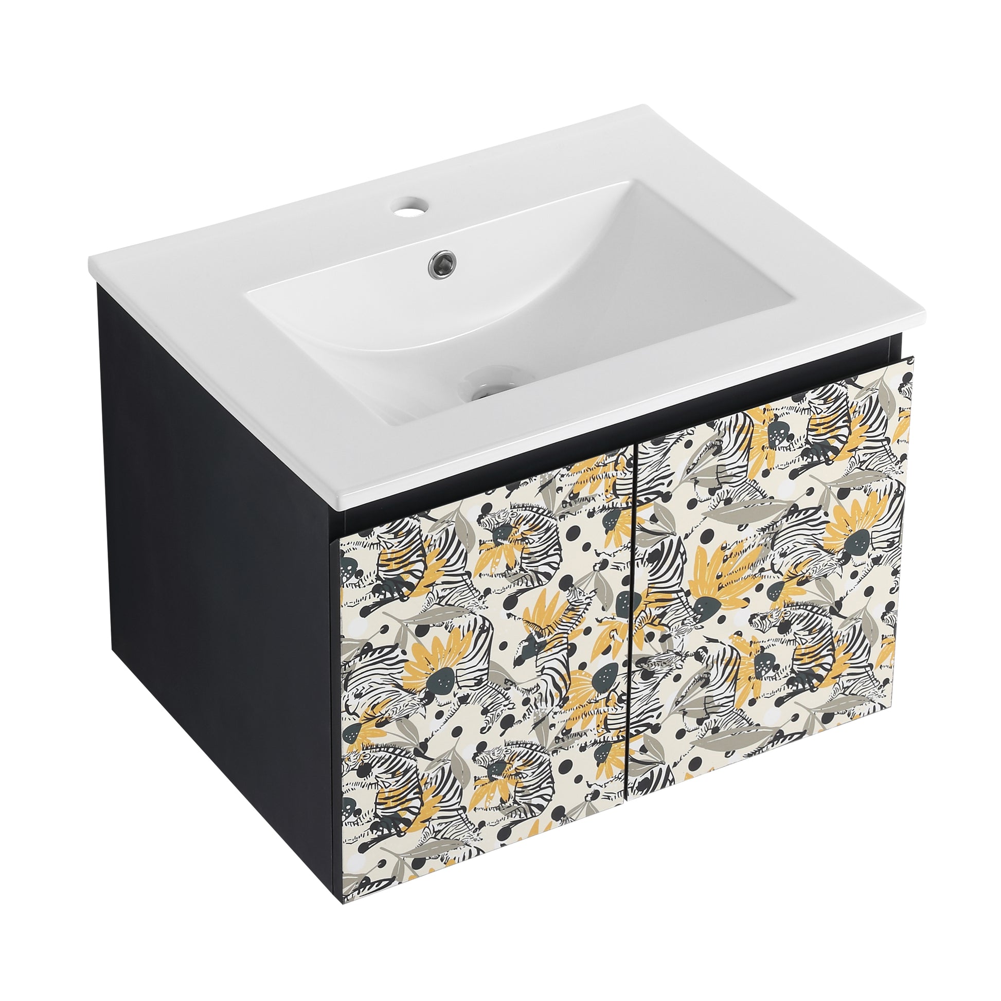 Wallmounted bathroom vanity with white ceramic sink and playful zebra and floral patterned doors