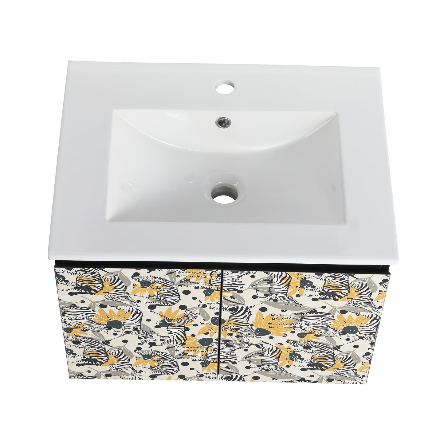White ceramic sink with a white vanity cabinet featuring a fun zebra and floral print