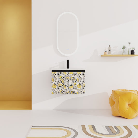 Modern vanity with playful zebra and floral print doors and integrated sink