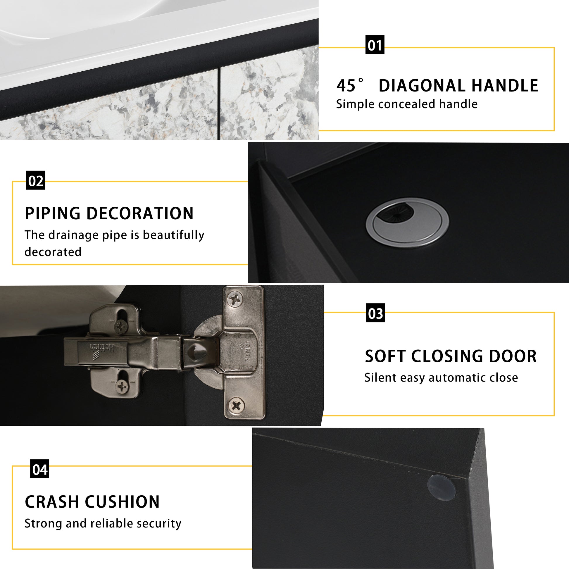 Modern black vanity with a degree diagonal handle design