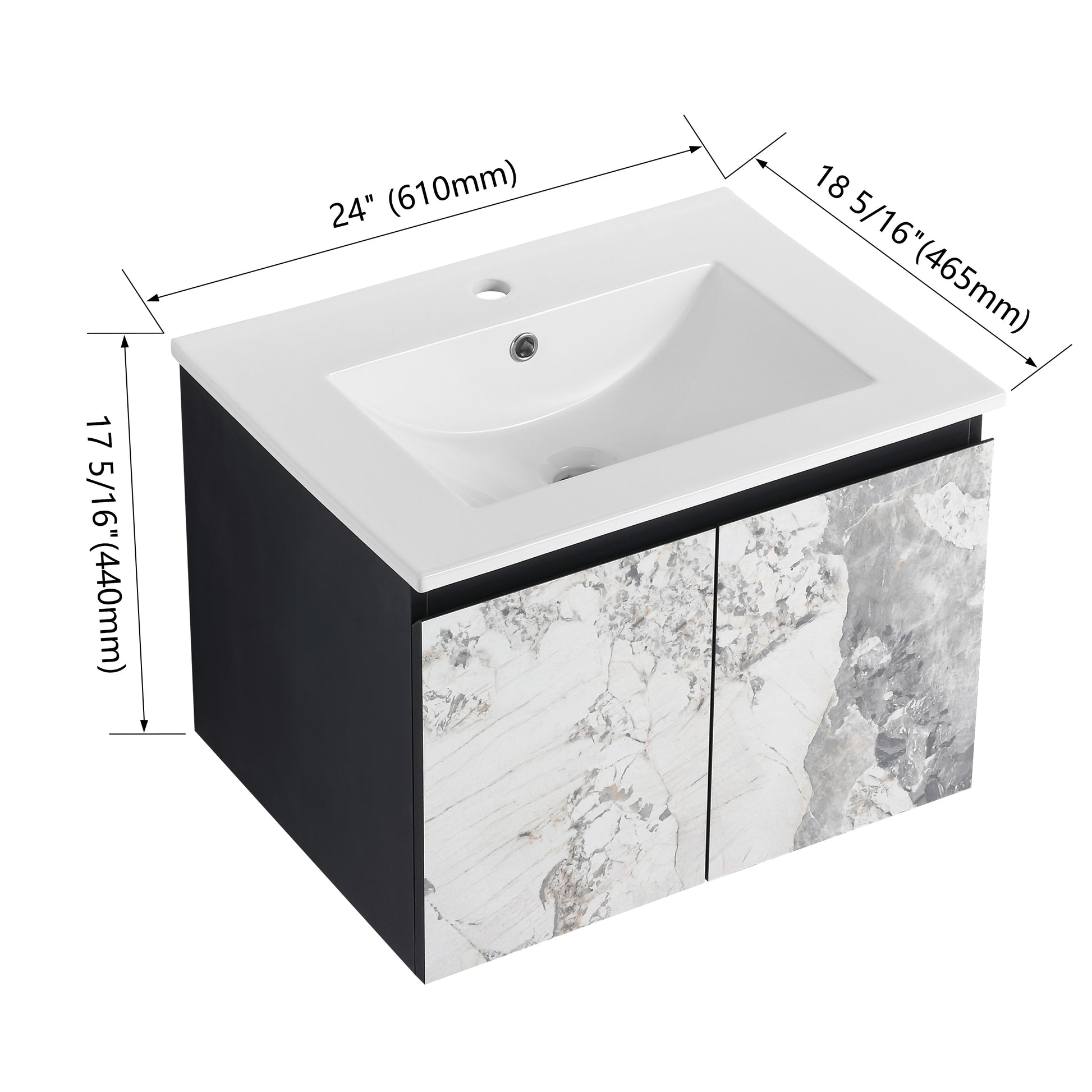 inch wallmounted vanity with white ceramic sink and marblepatterned cabinet doors