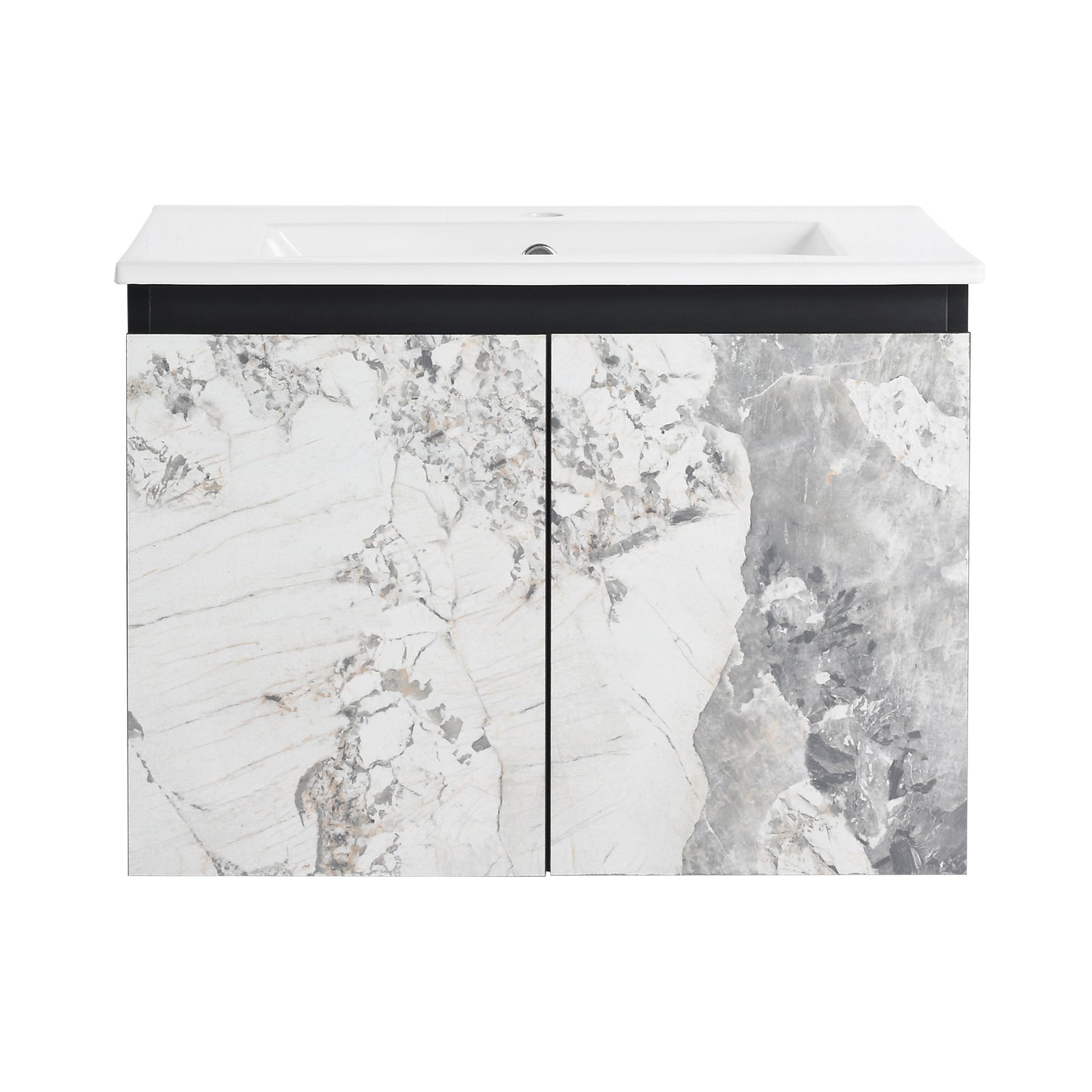 Modern wallmounted vanity with white ceramic sink and marbleeffect cabinet doors