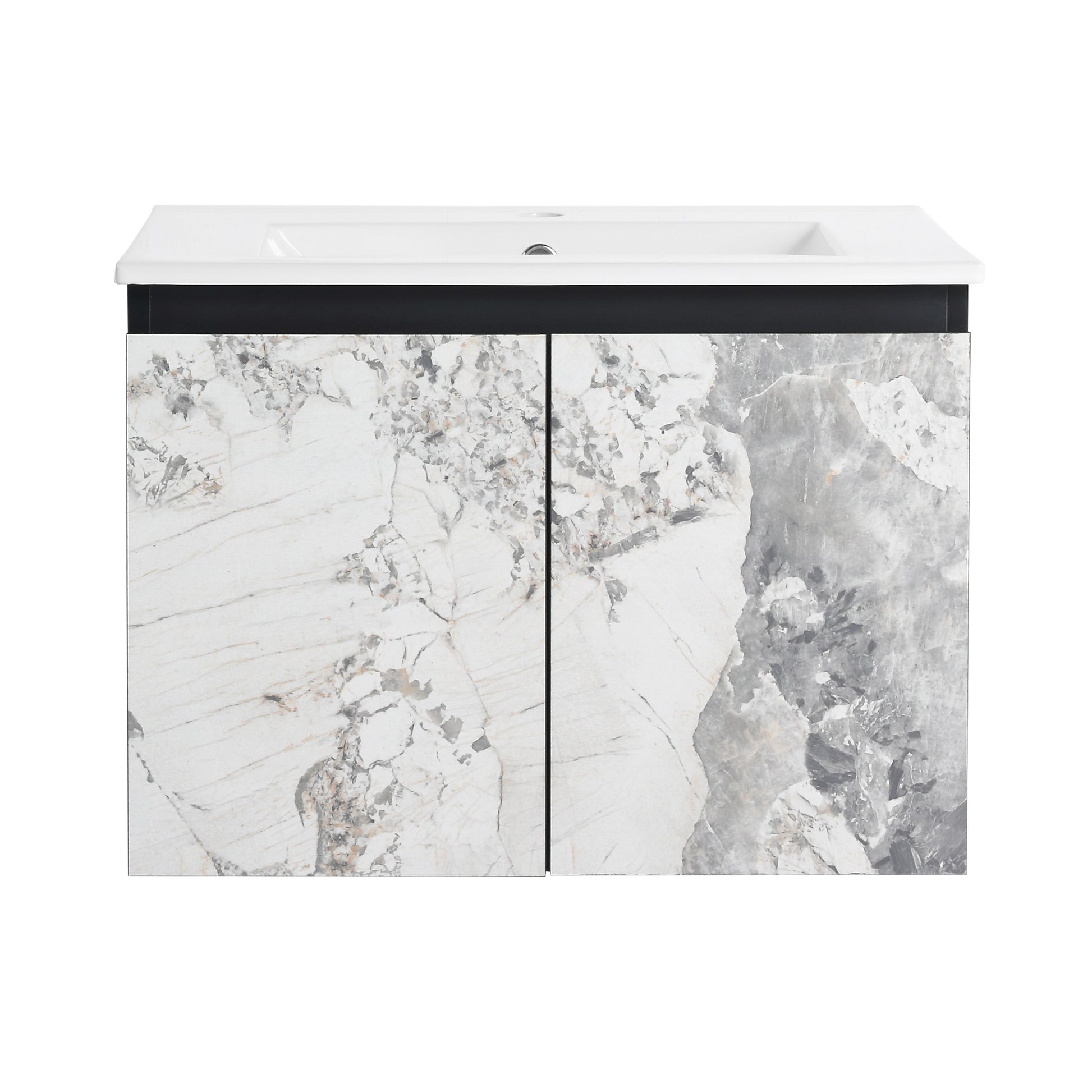 Modern wallmounted vanity with white ceramic sink and marbleeffect cabinet doors