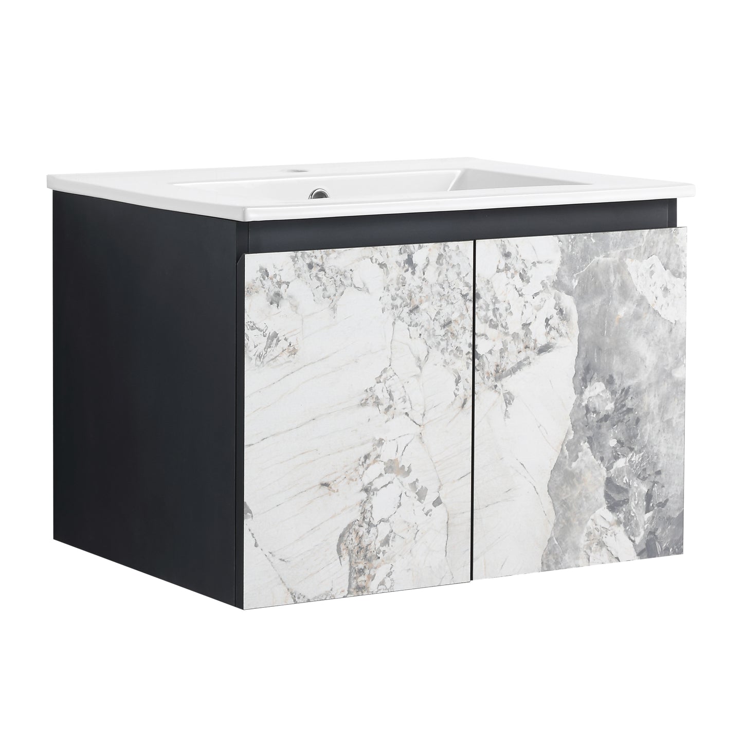 Modern black vanity cabinet with white marbleeffect doors and integrated sink basin