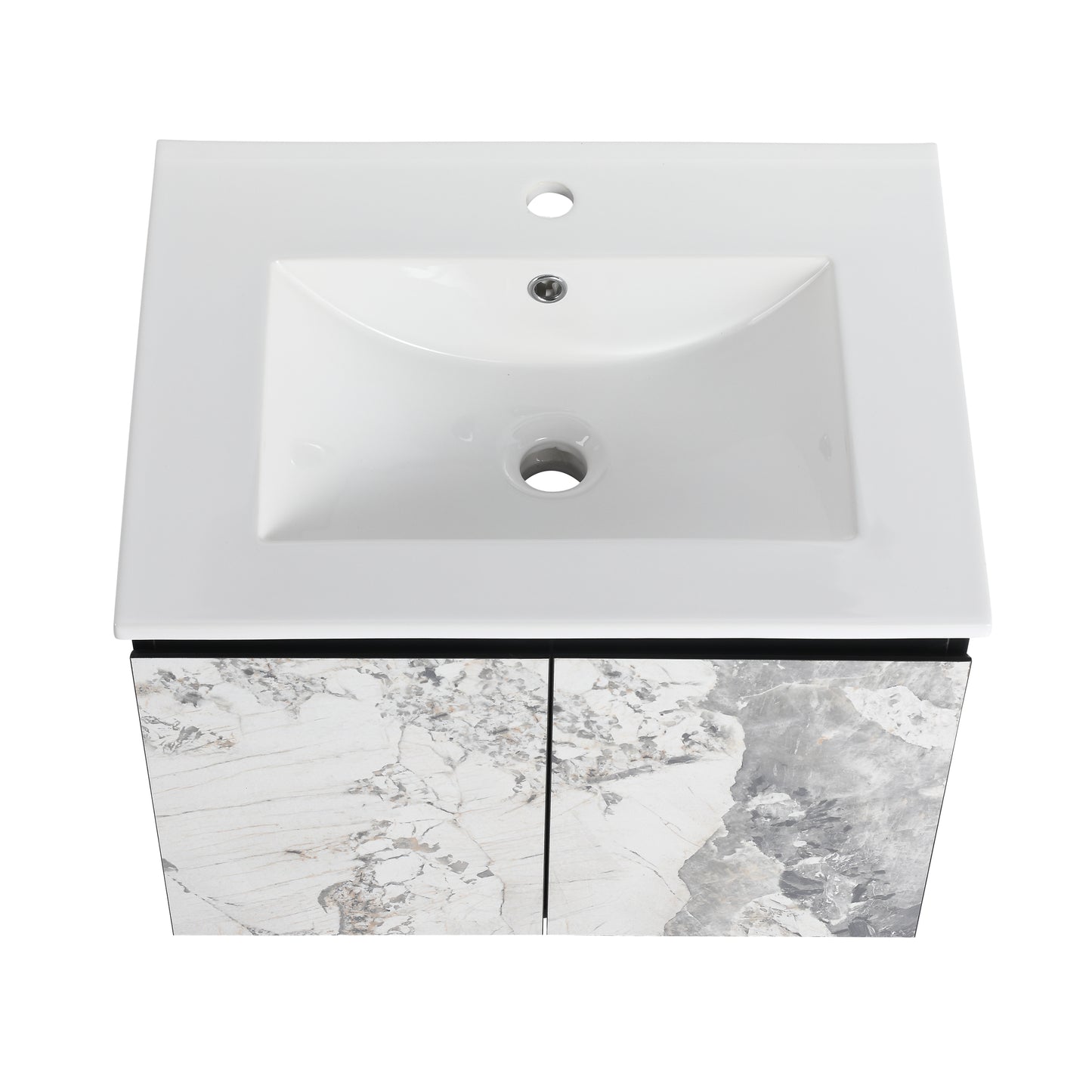 Modern white ceramic vessel sink with marblepatterned vanity cabinet doors