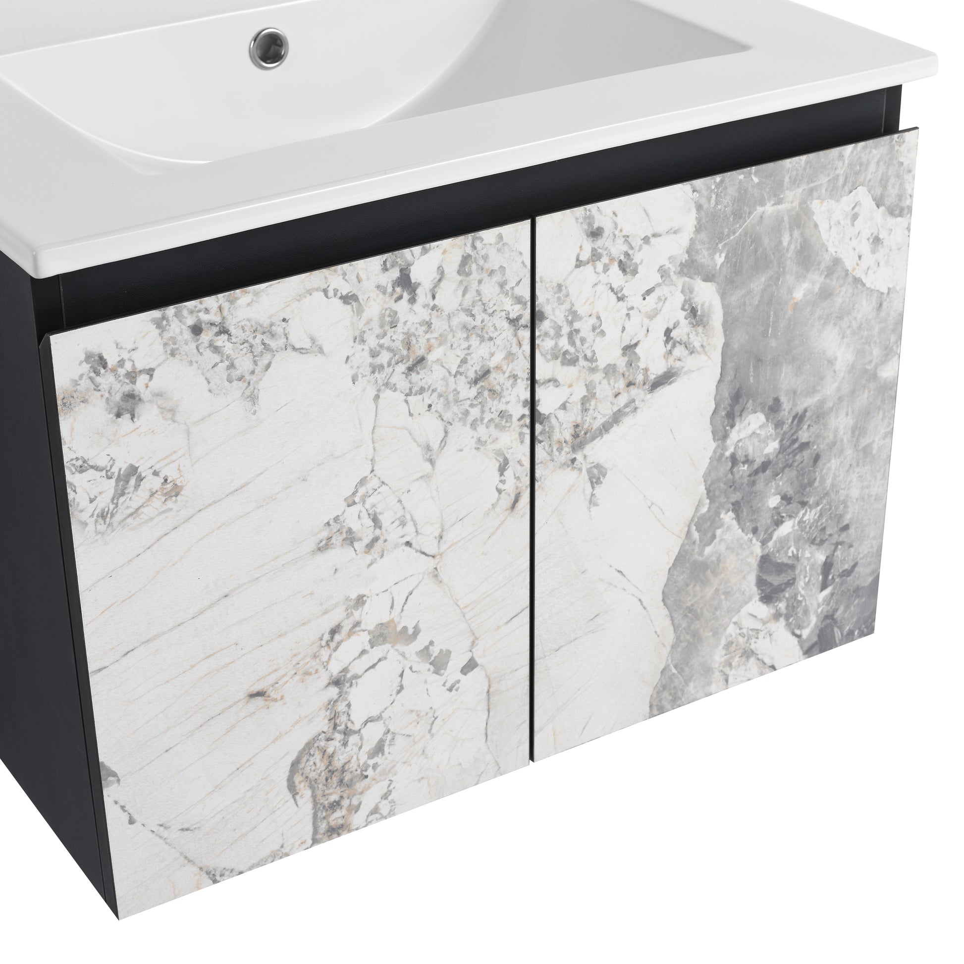Floating vanity with white marble effect doors and black frame