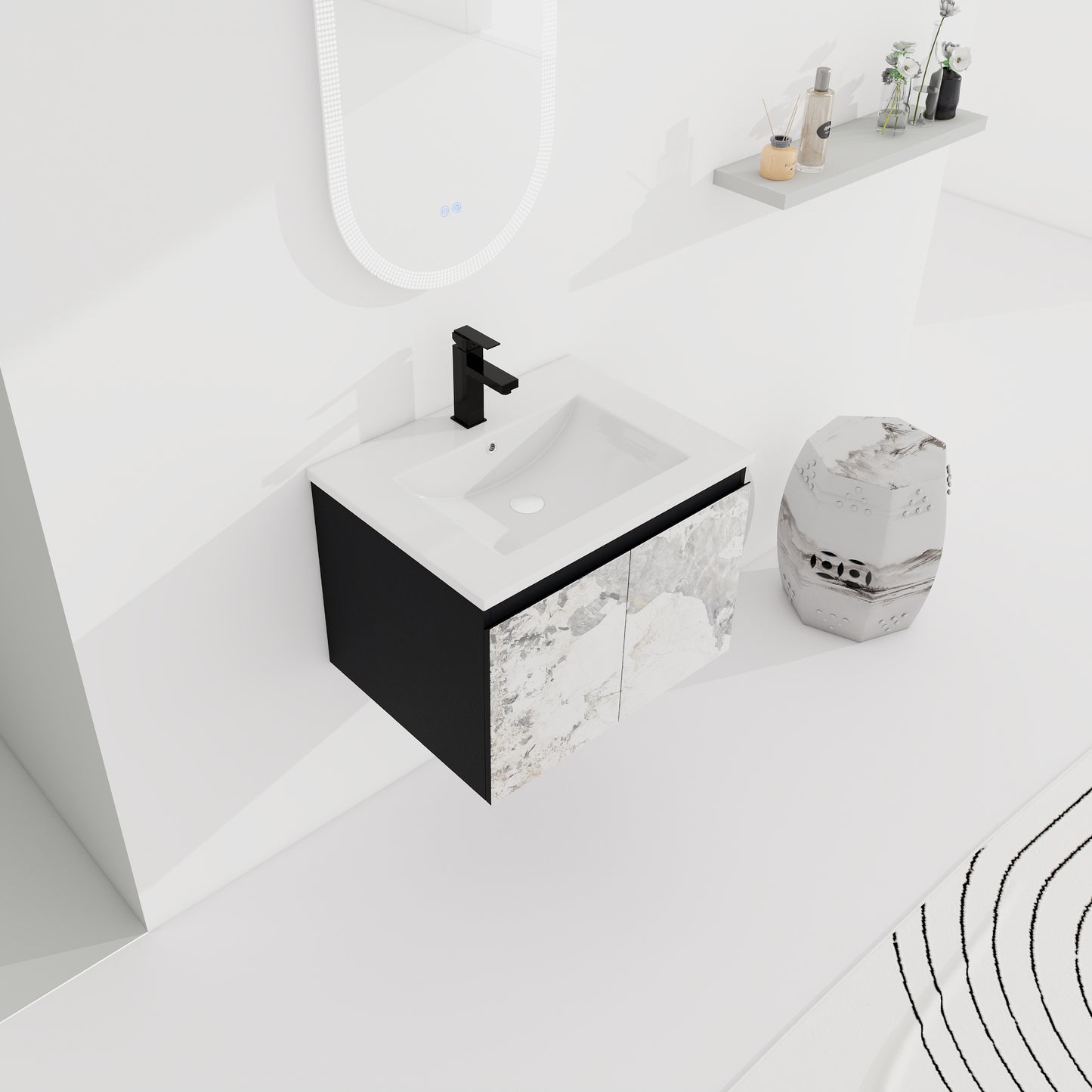 Modern black and white marble bathroom vanity with integrated sink and chrome faucet