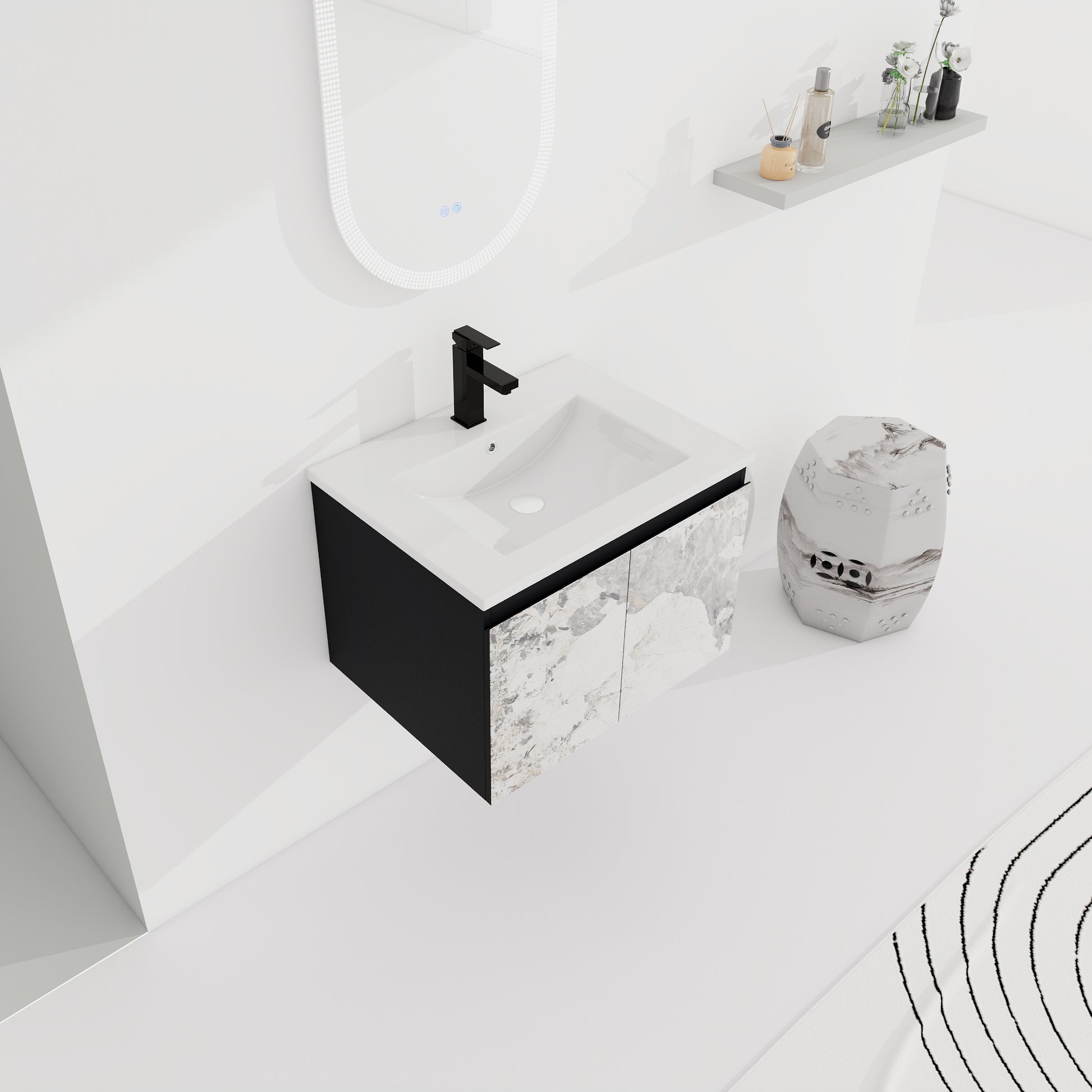Modern black and white marble bathroom vanity with integrated sink and chrome faucet