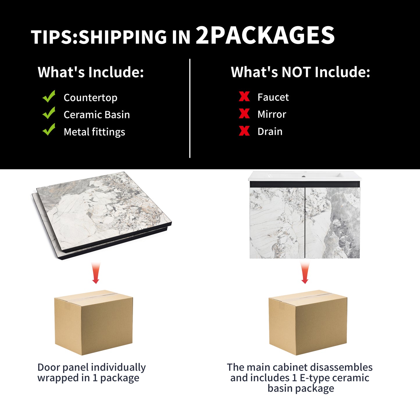 Marblepatterned ceramic basin countertop with subtle gray veining packaged for shipping