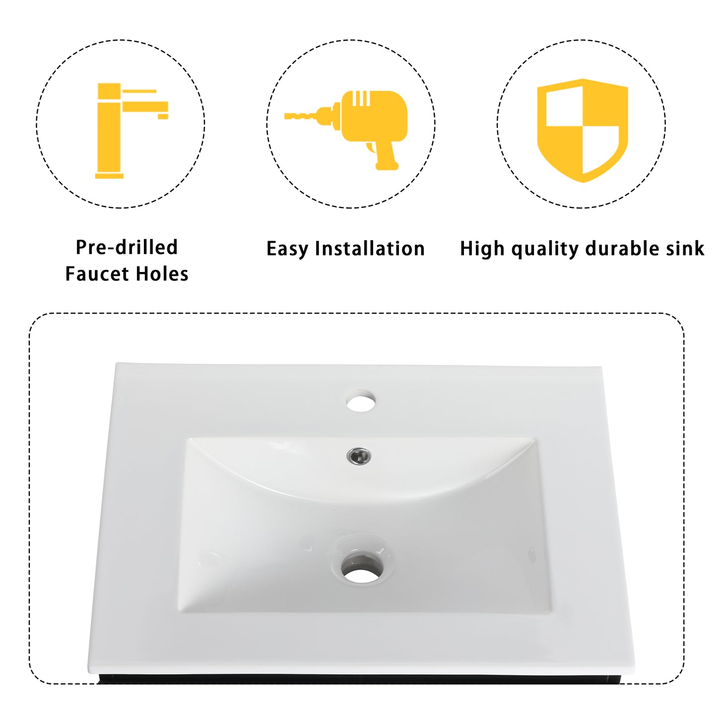 White ceramic bathroom sink with predrilled faucet holes and a central drain